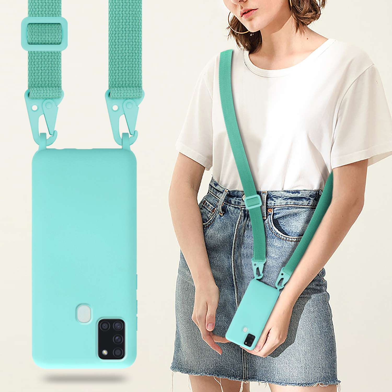 Donna con custodia per telefono color menta con cinturino. Custodia e cinturino abbinati.