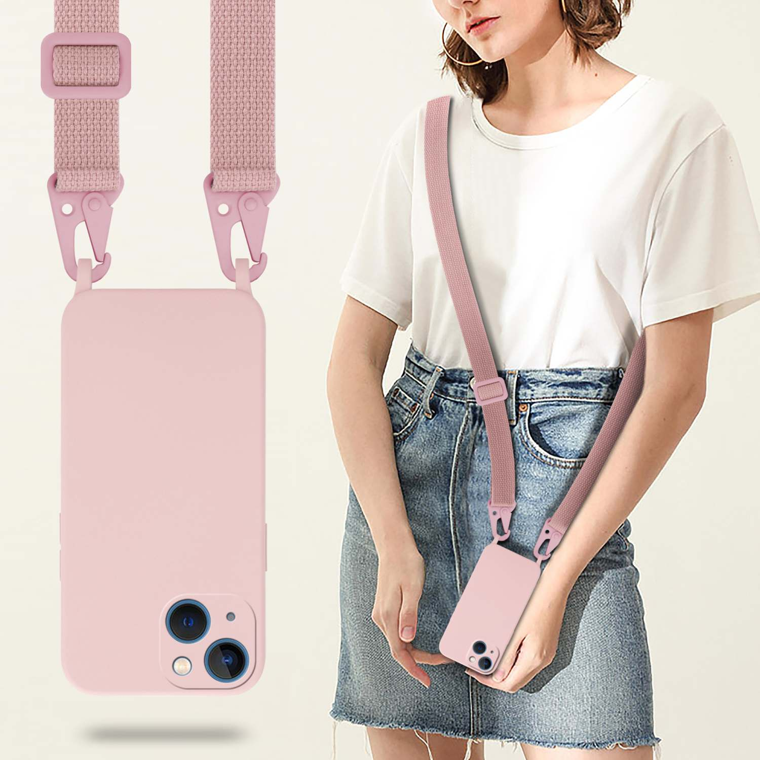 Eine Frau mit einer rosa Handyhülle und passendem Gurt.