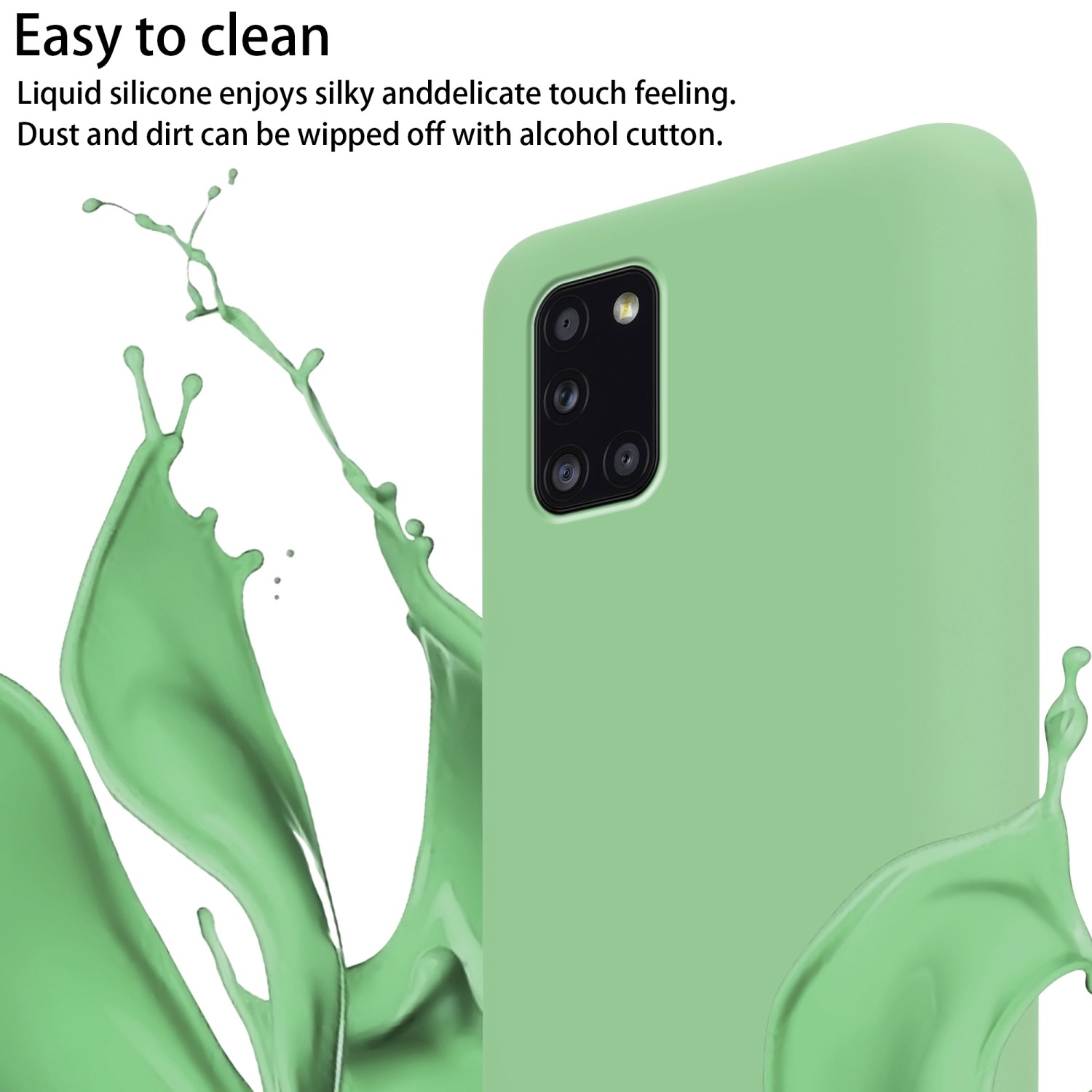 Una custodia verde con un telefono e uno schizzo di liquido verde. Testo: Facile da pulire.
