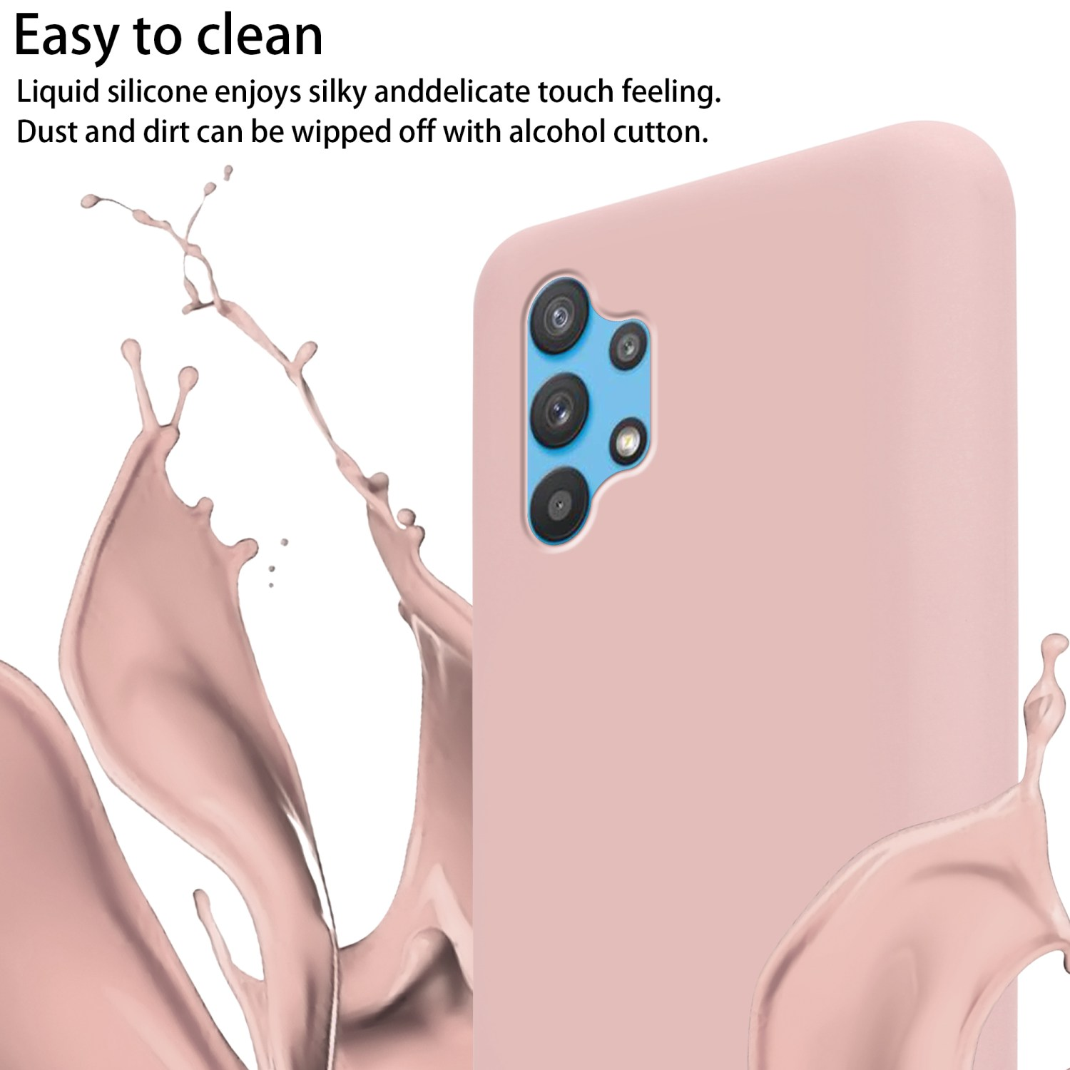 Custodia rosa per telefono con fori per fotocamera e spruzzi rosa astratti.