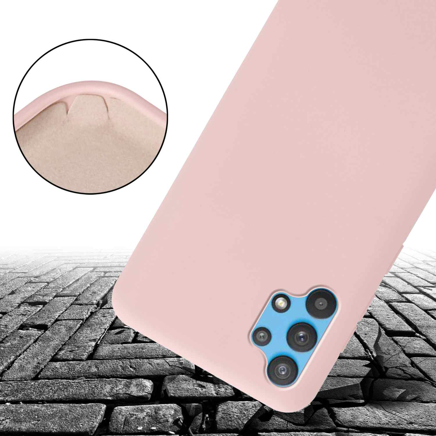 Una custodia rosa per telefono con modulo fotocamera, su superficie strutturata.