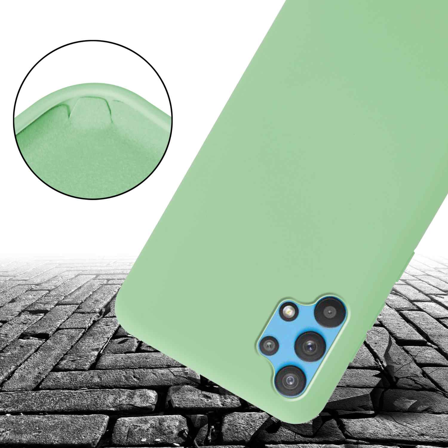Una custodia verde per telefono su una superficie in pietra. Ha ritagli per la fotocamera ed è angolata.