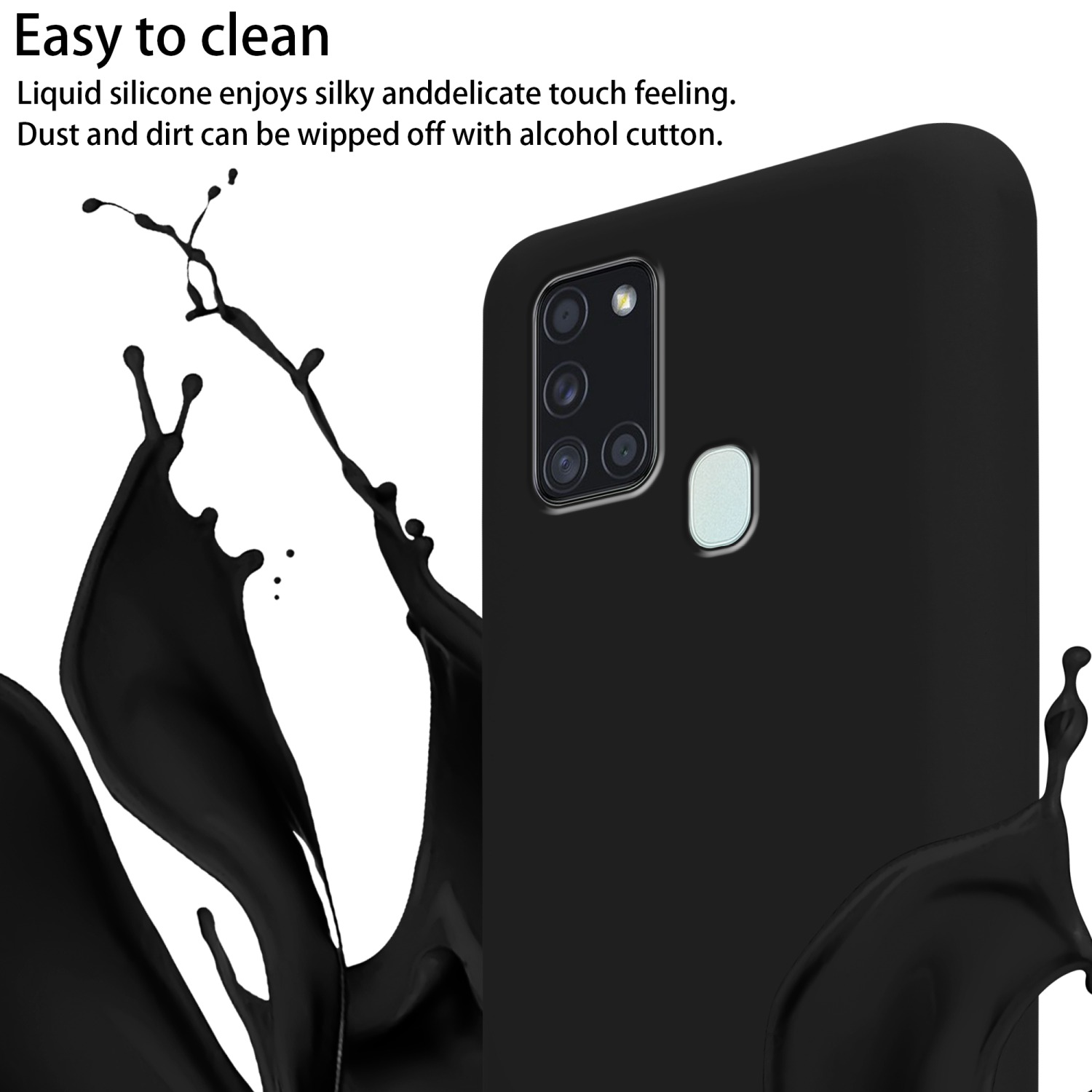 Una custodia nera per telefono con un telefono all'interno. Schizzi di liquido nero sul lato. Parole visibili.