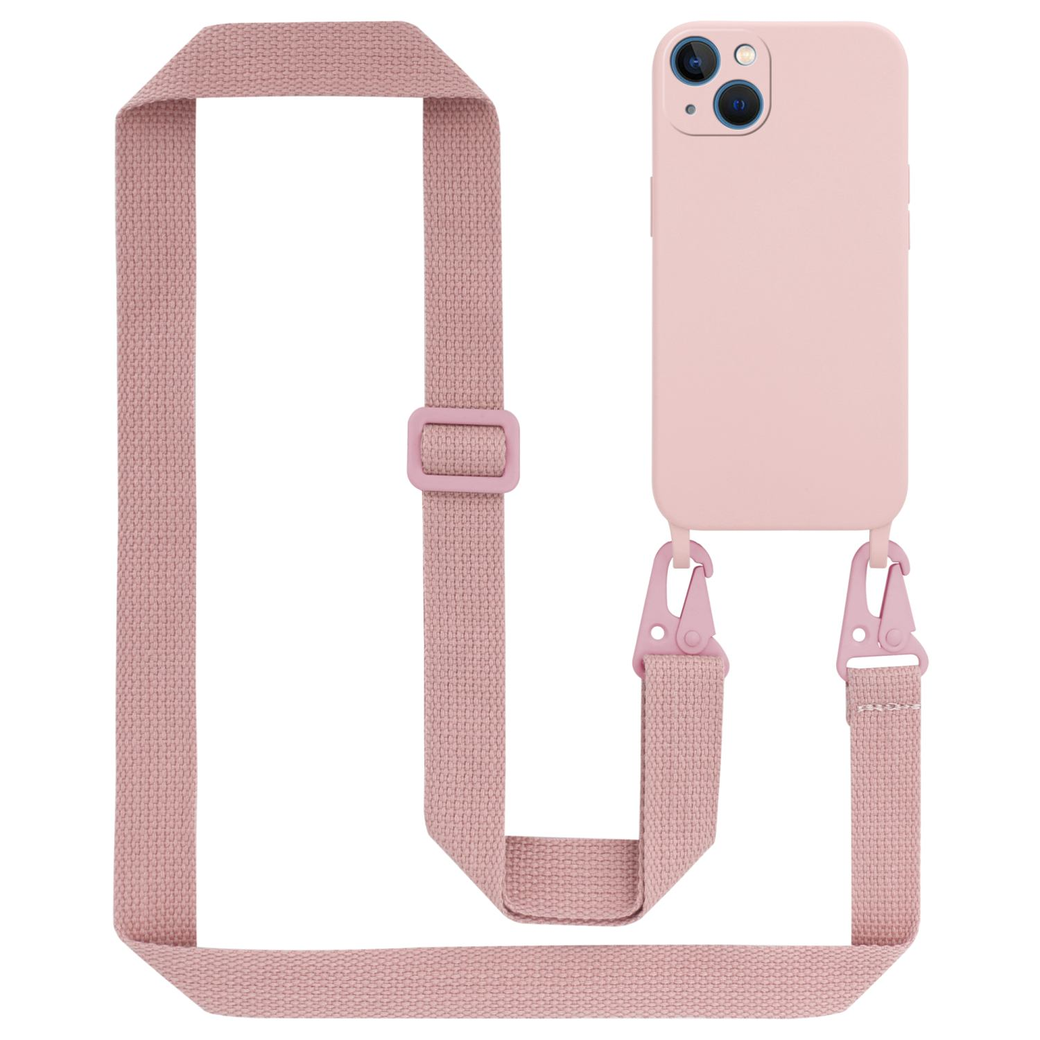 Pinkes Handycase mit Riemen. Telefon im Case. Hellrosa Farbe.