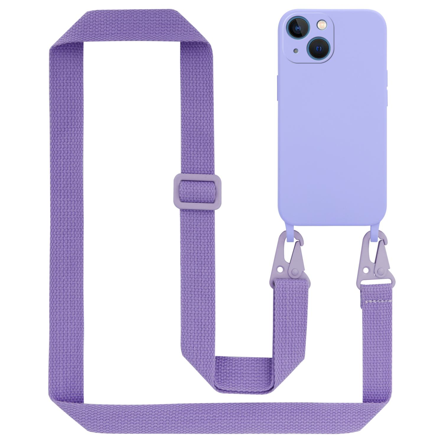 Una custodia per telefono viola con cinturino. Il telefono è nella custodia. Anche il cinturino è viola.