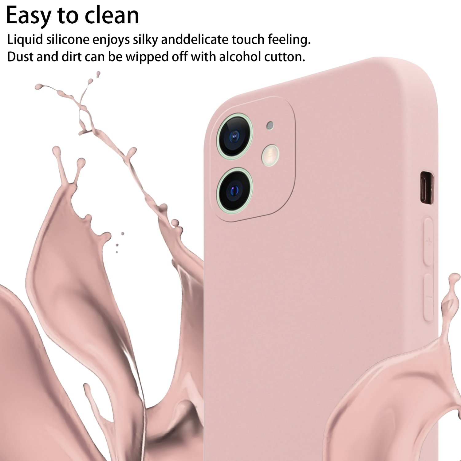 Eine pinkfarbene Handyhülle. Ein Spritzer rosa Flüssigkeit ist im Vordergrund. Die Kamera des Telefons ist sichtbar.