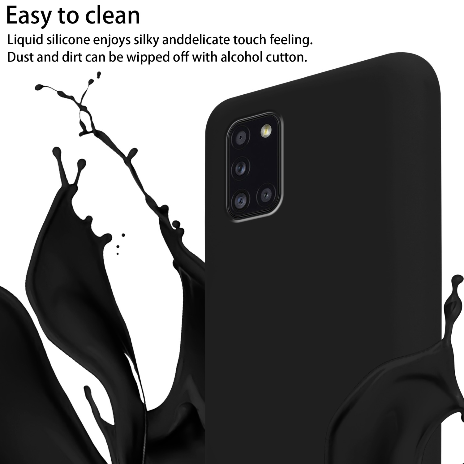 Custodia nera per telefono con schizzo di liquido nero. La fotocamera del telefono è visibile.