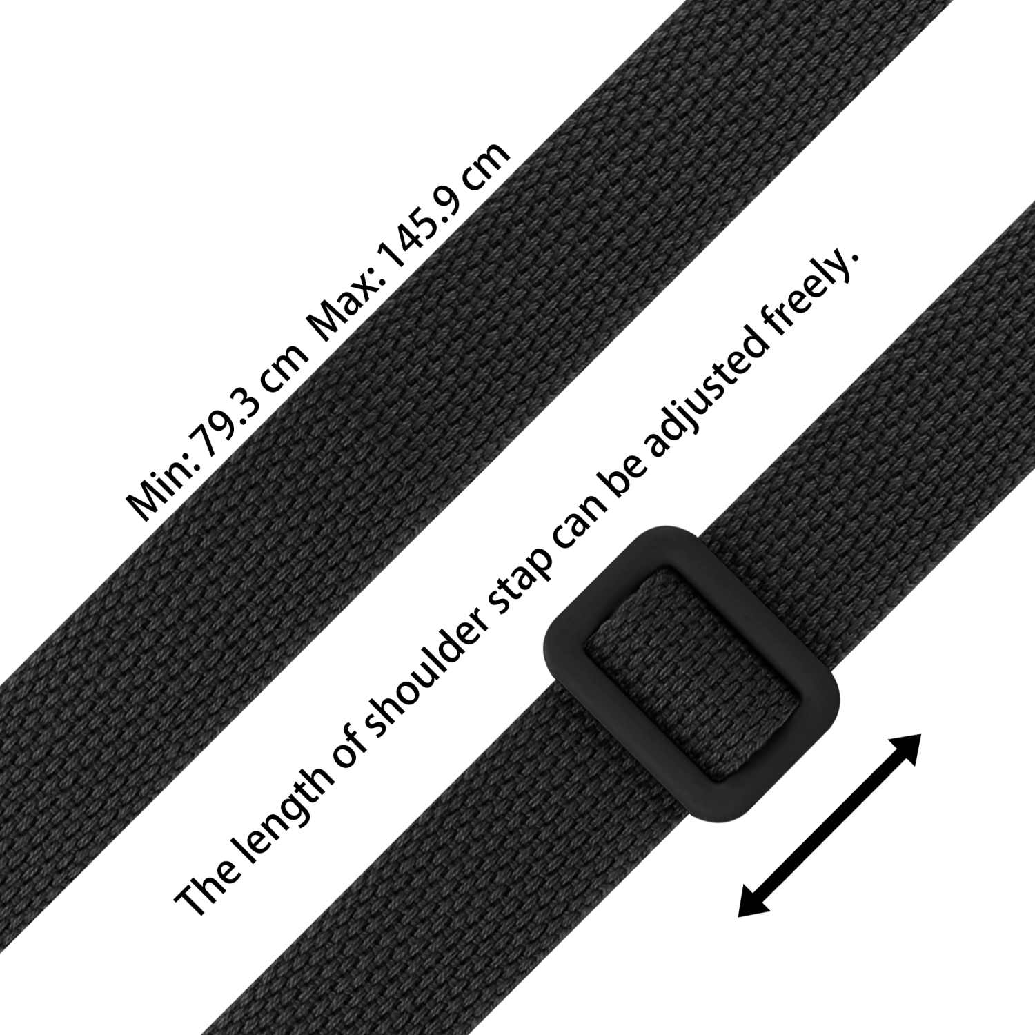 Tracolla nera con lunghezza regolabile, min 79,3 cm, max 145,9 cm, e fibbia in plastica.