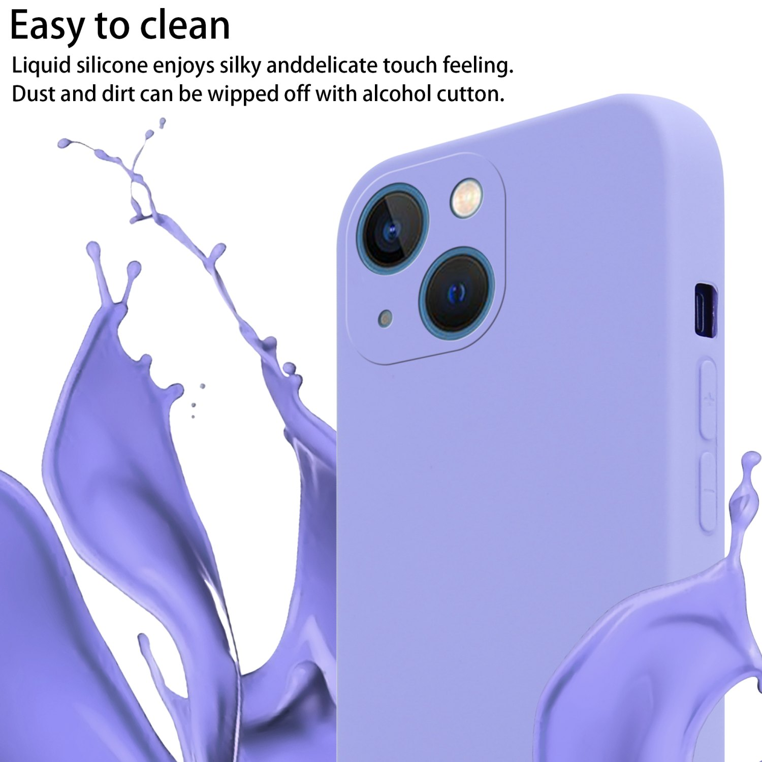 Custodia lavanda con telefono all'interno. Schizzi d'acqua viola.