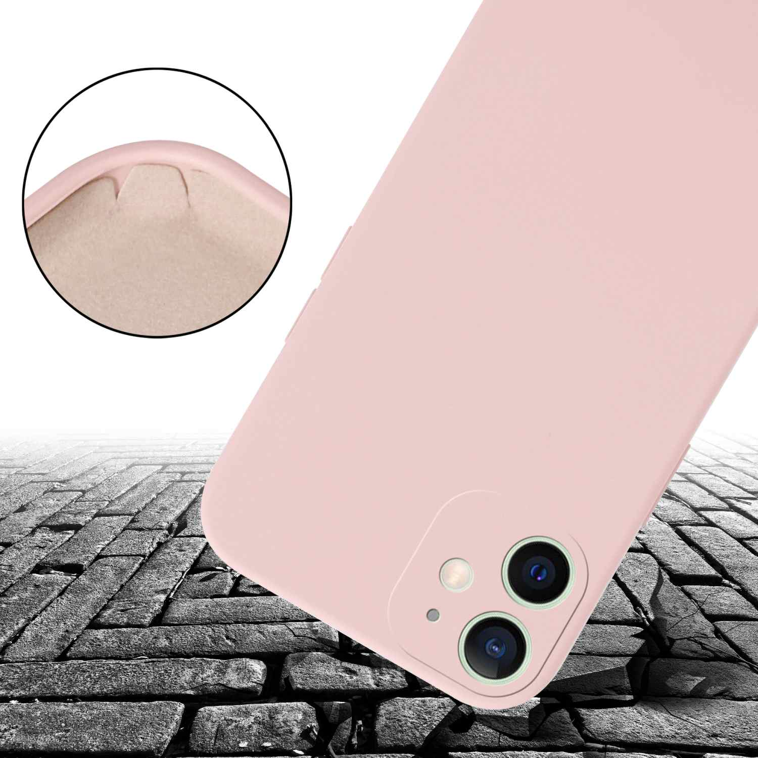 Eine rosa Handyhülle auf einer Steinoberfläche mit Nahaufnahme, die den Rand und eine Delle zeigt.