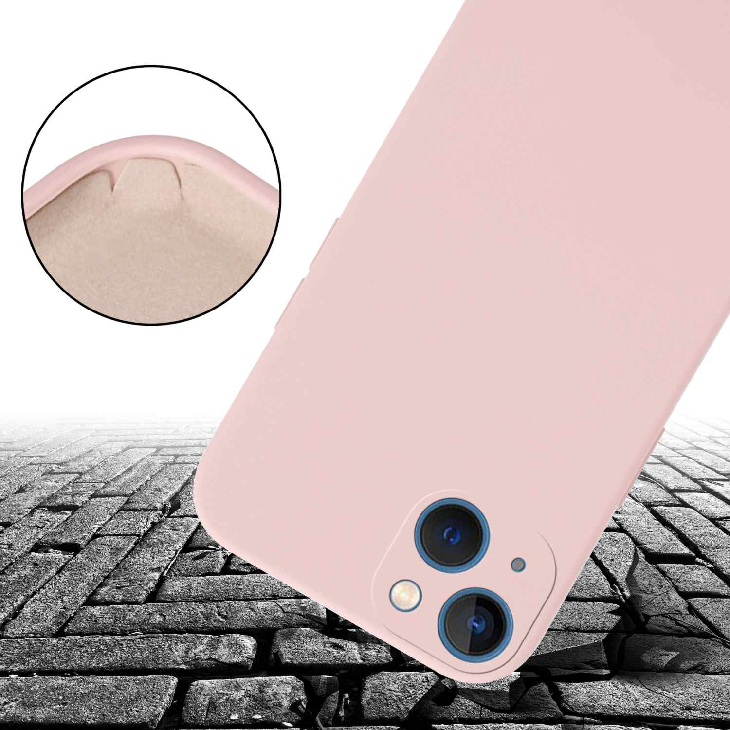 Rosa Handyhülle, die ein Telefon mit zwei Kameras auf einem Ziegelhintergrund zeigt.