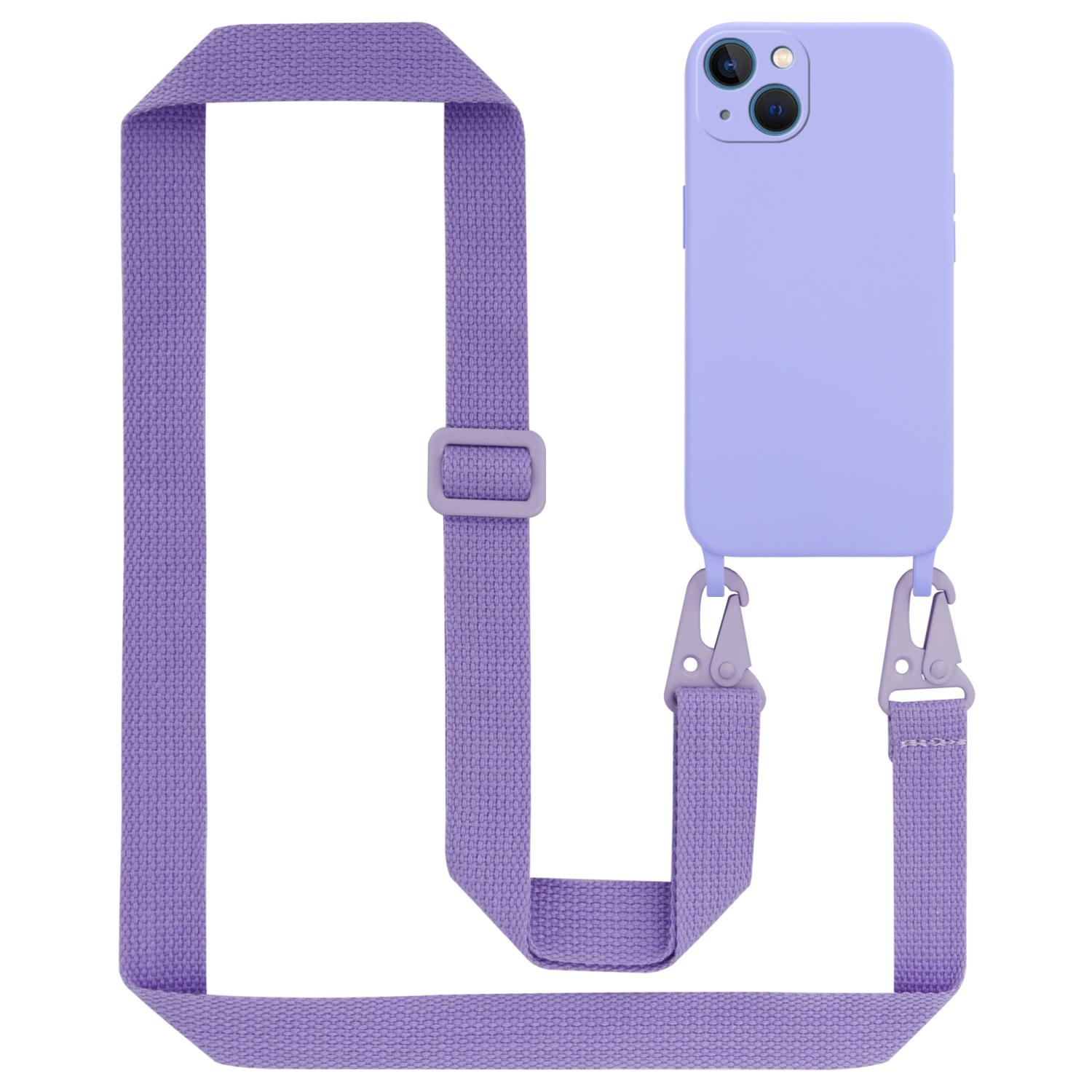 Lila Handyhülle mit Riemen, mit angebrachtem Telefon.