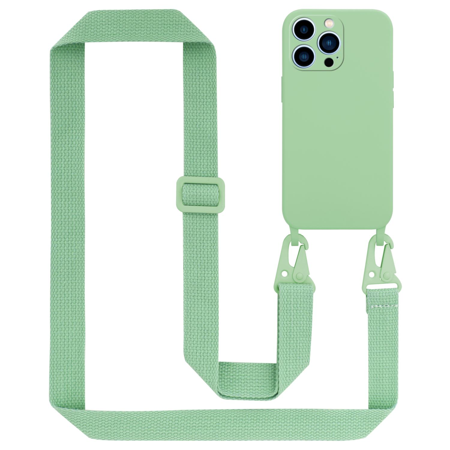 CADORABO Handy Kette Silikon Schutzhülle längen PRO, Apple, 13 Kordel LIQUID Backcover, mit GRÜN iPhone verstellbaren HELL Band