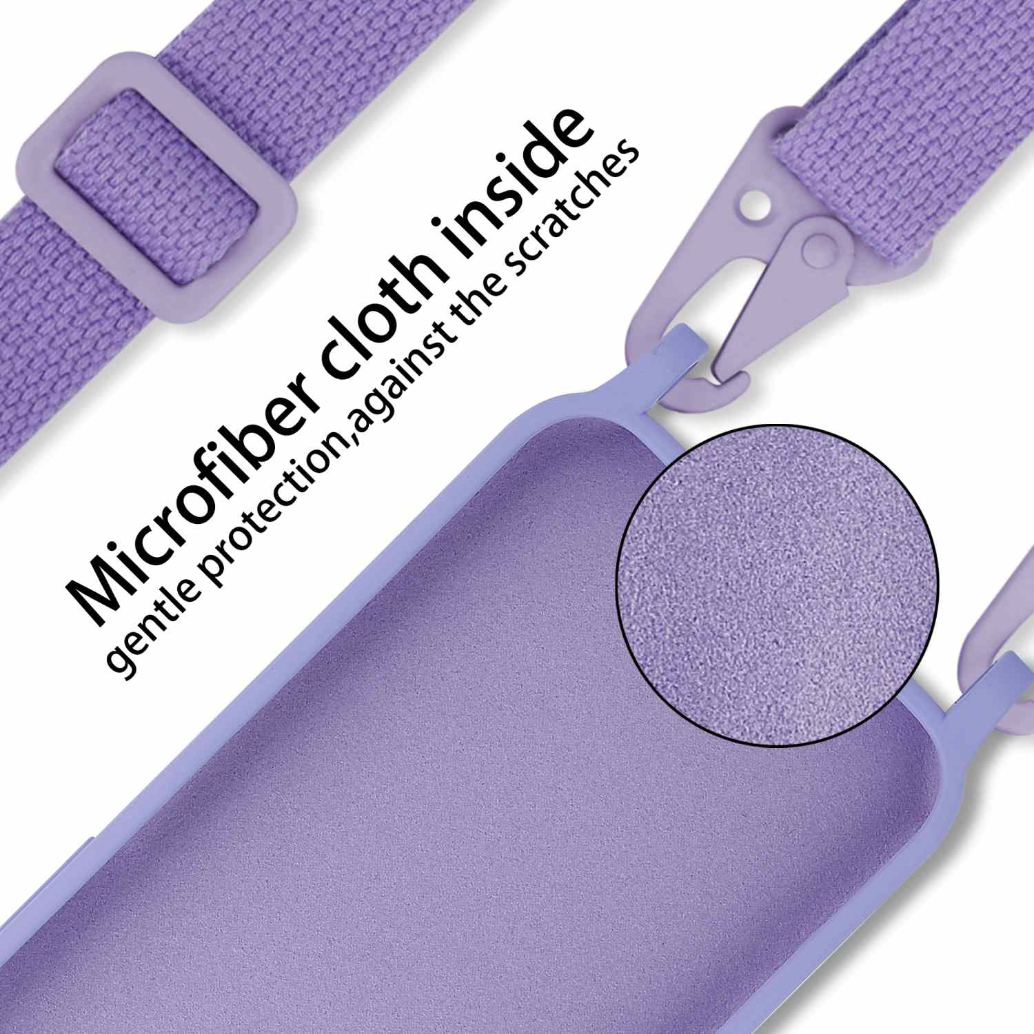 Una custodia viola per telefono con cinturino, primo piano, con il testo 'Microfiber cloth inside'.