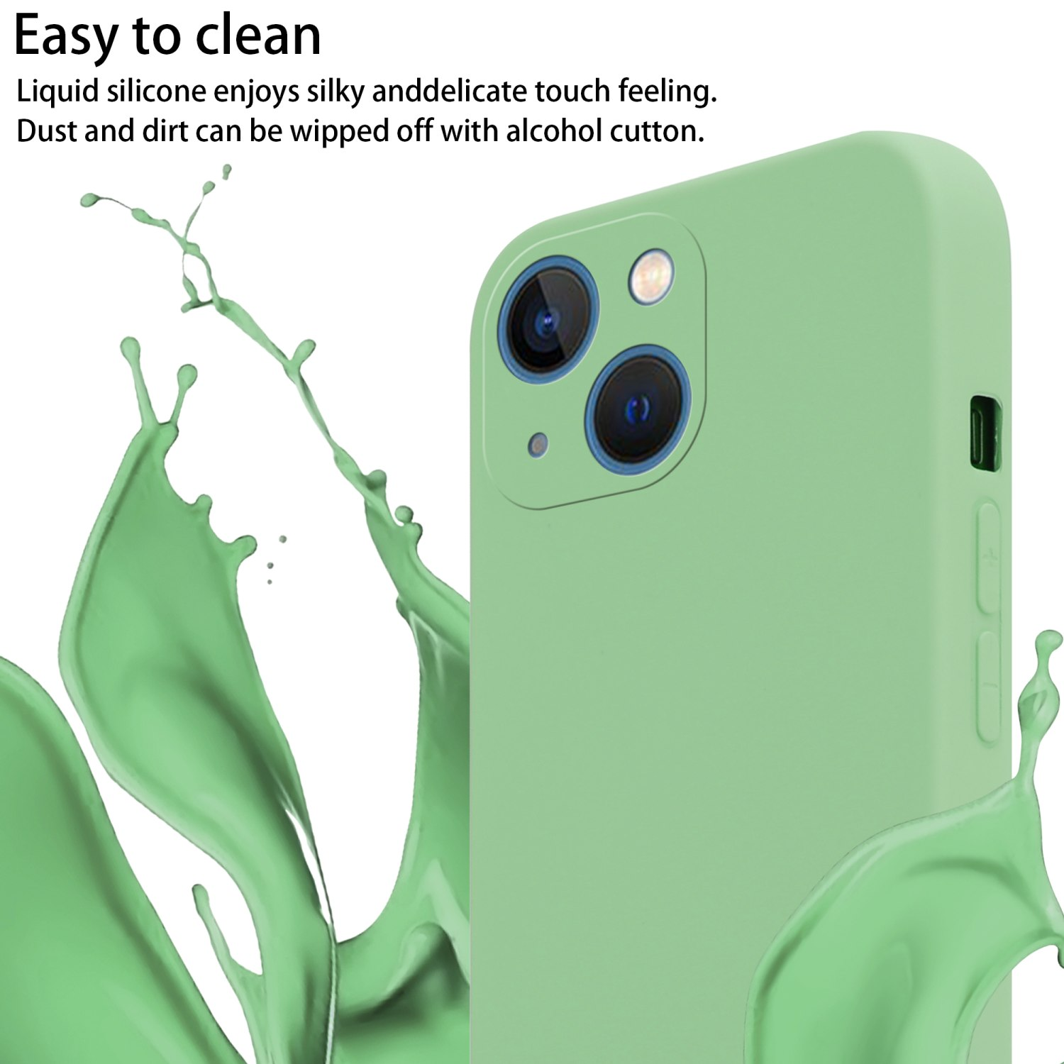 Una custodia per telefono verde con schizzi d'acqua. La custodia ha un modulo fotocamera e pulsanti del volume.