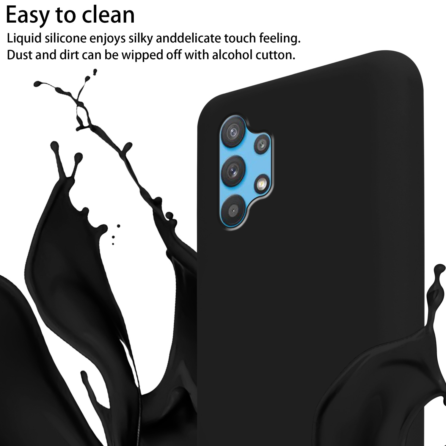 Una custodia per telefono nera con uno schizzo di liquido nero, con le lenti della fotocamera visibili, su sfondo bianco.