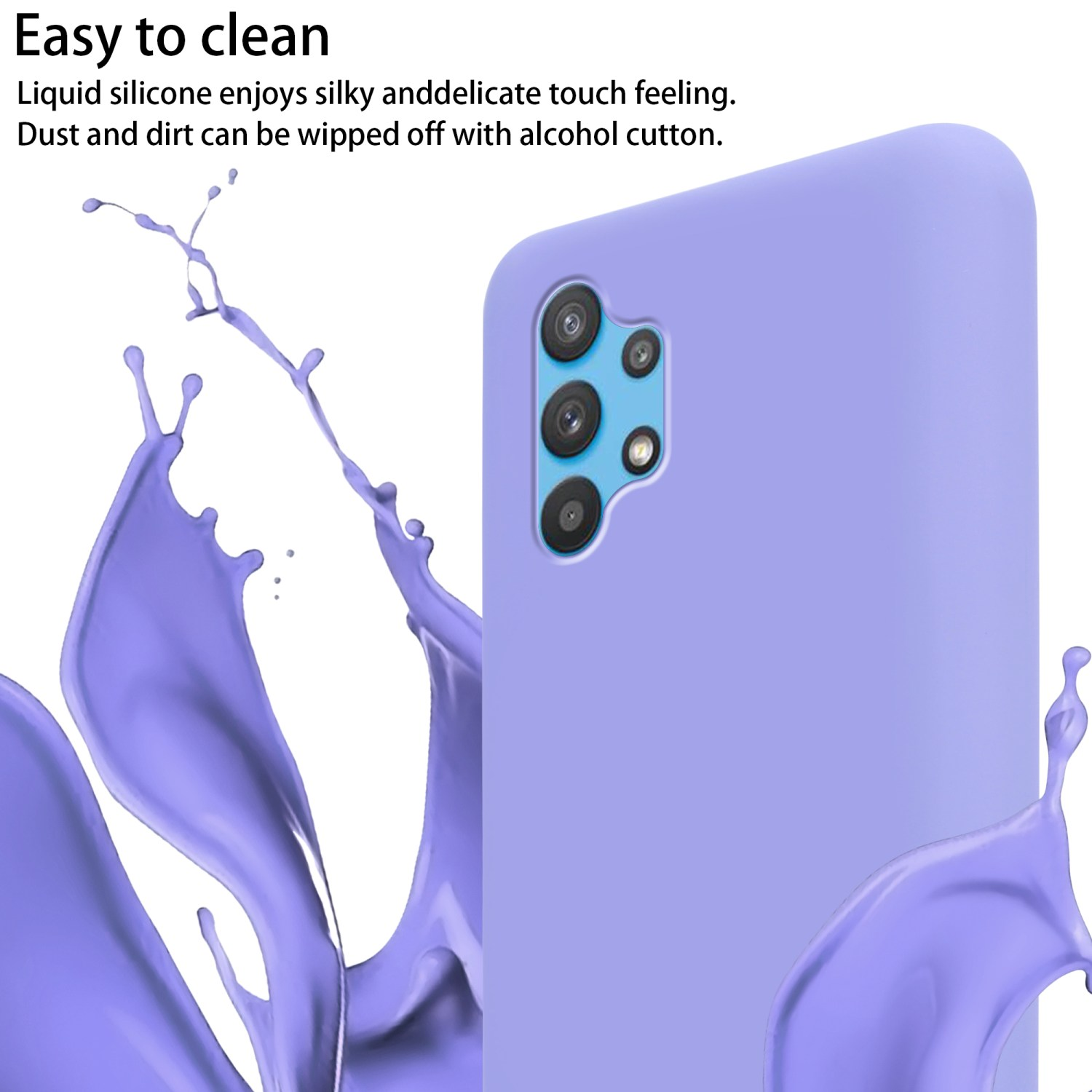 Una custodia per telefono viola con schizzi di liquido viola, su sfondo bianco.