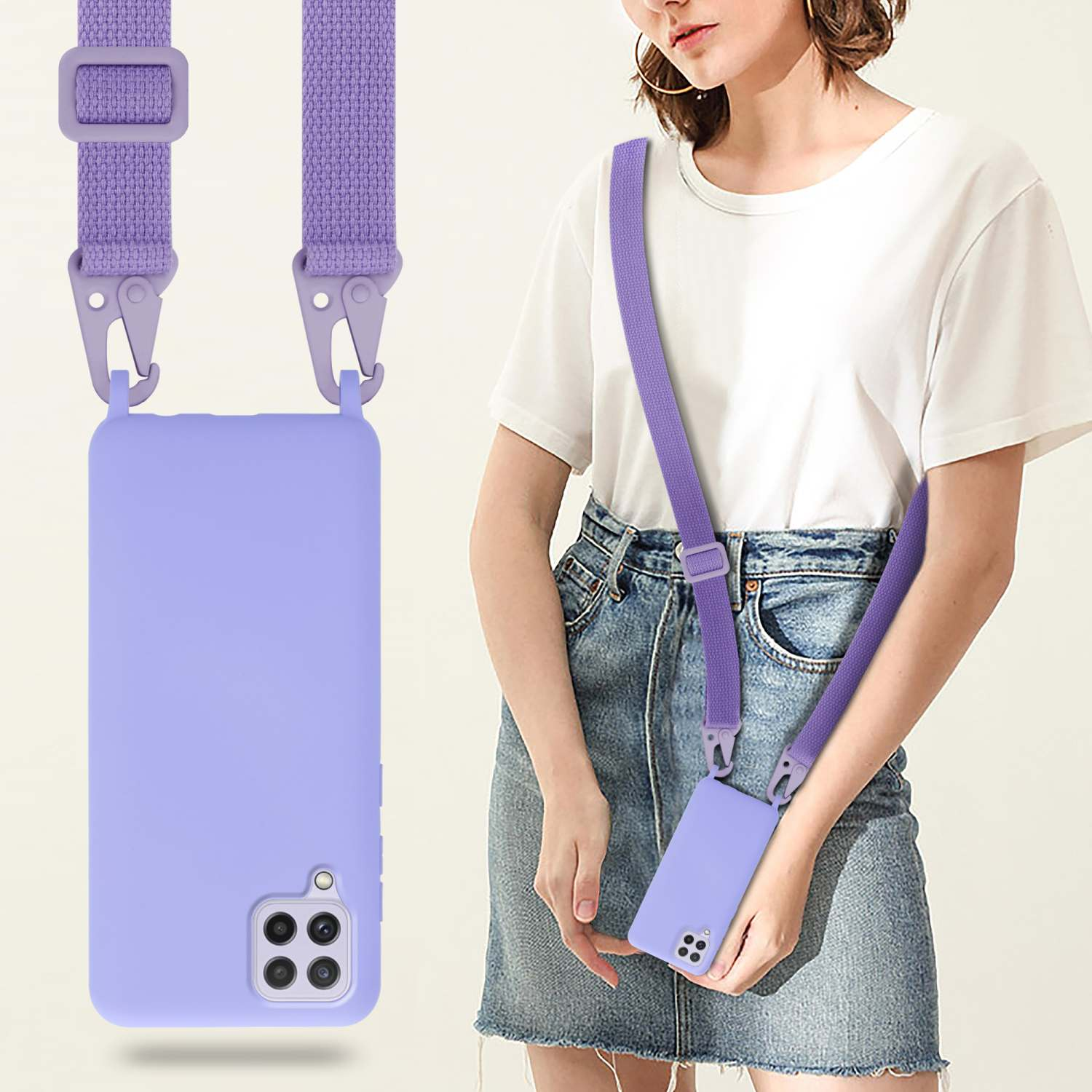 Donna con custodia per telefono viola e cinturino. Il telefono pende dal cinturino.