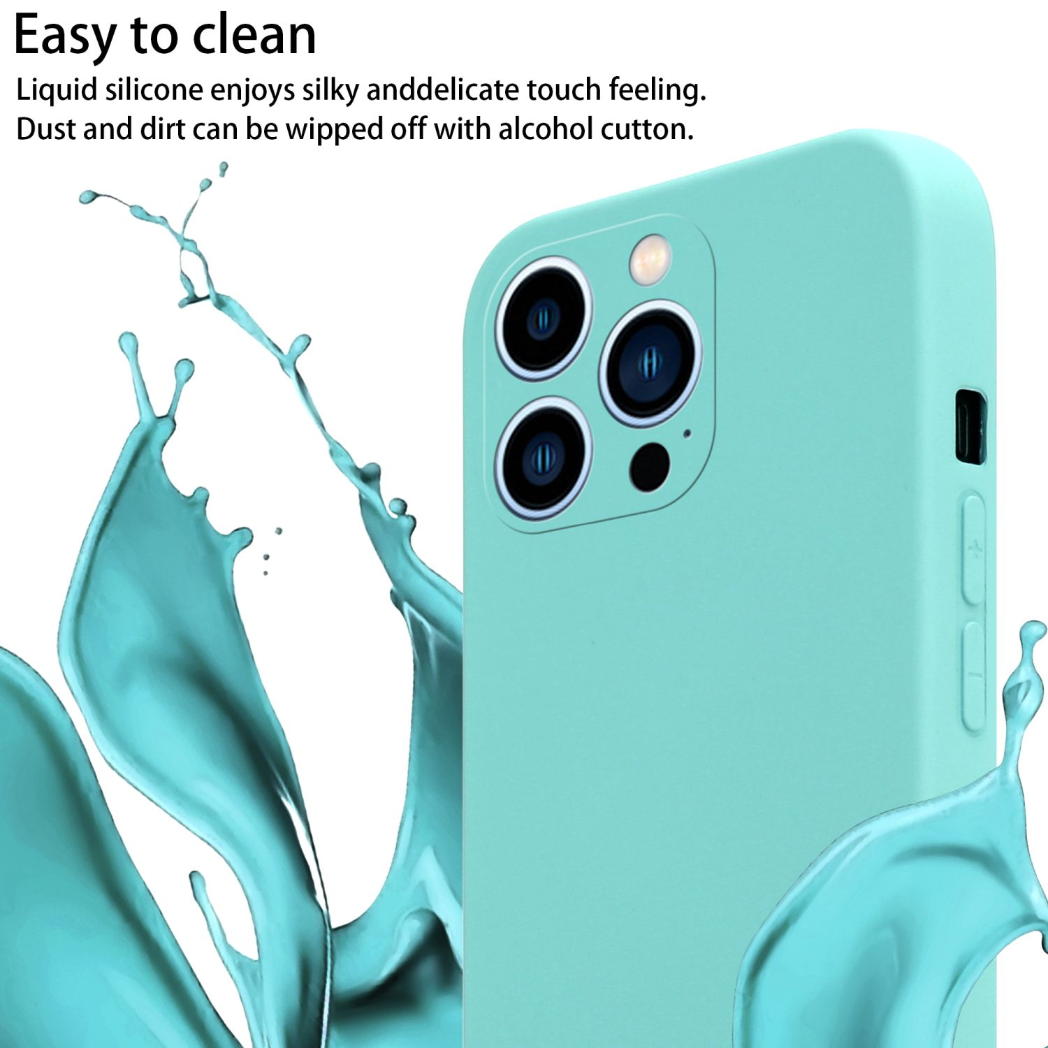 Una custodia per telefono verde chiaro con configurazione multi-camera e effetto spruzzo di liquido.