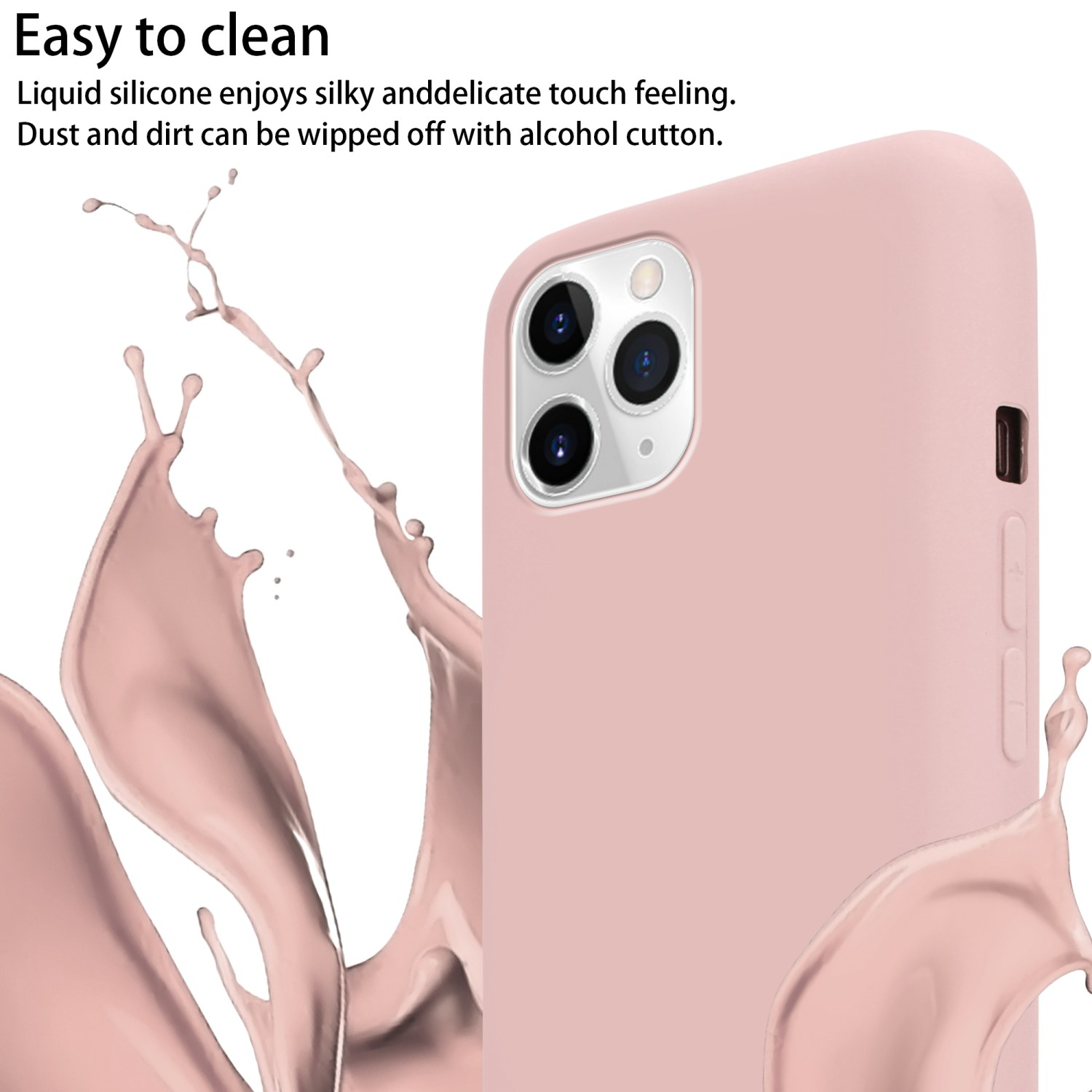Eine rosa Handyhülle mit drei Kameralinsen. Flüssigkeitsspritzer sind im Vordergrund.