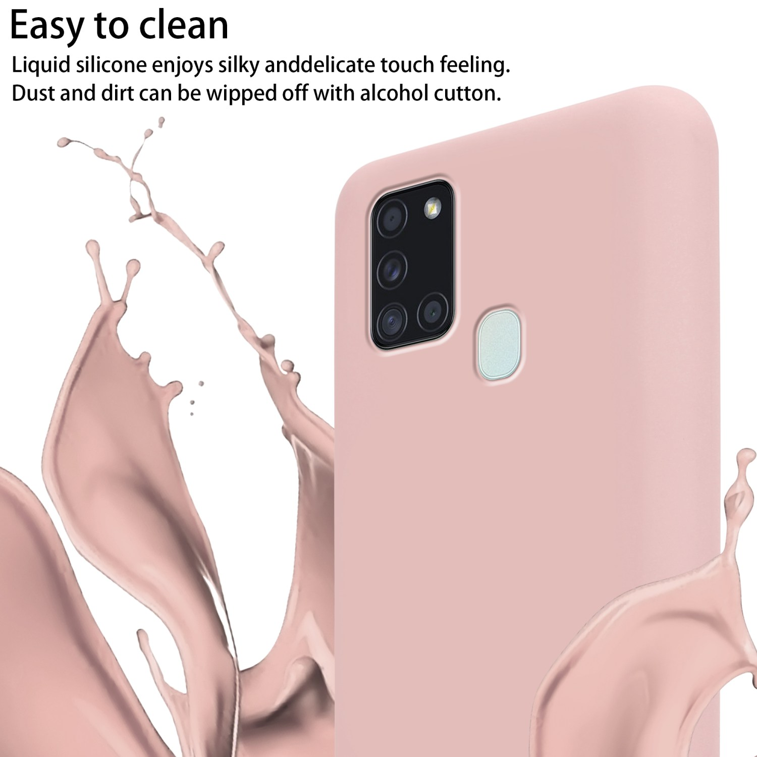 Custodia rosa per telefono con smartphone, con schizzo di silicone liquido.