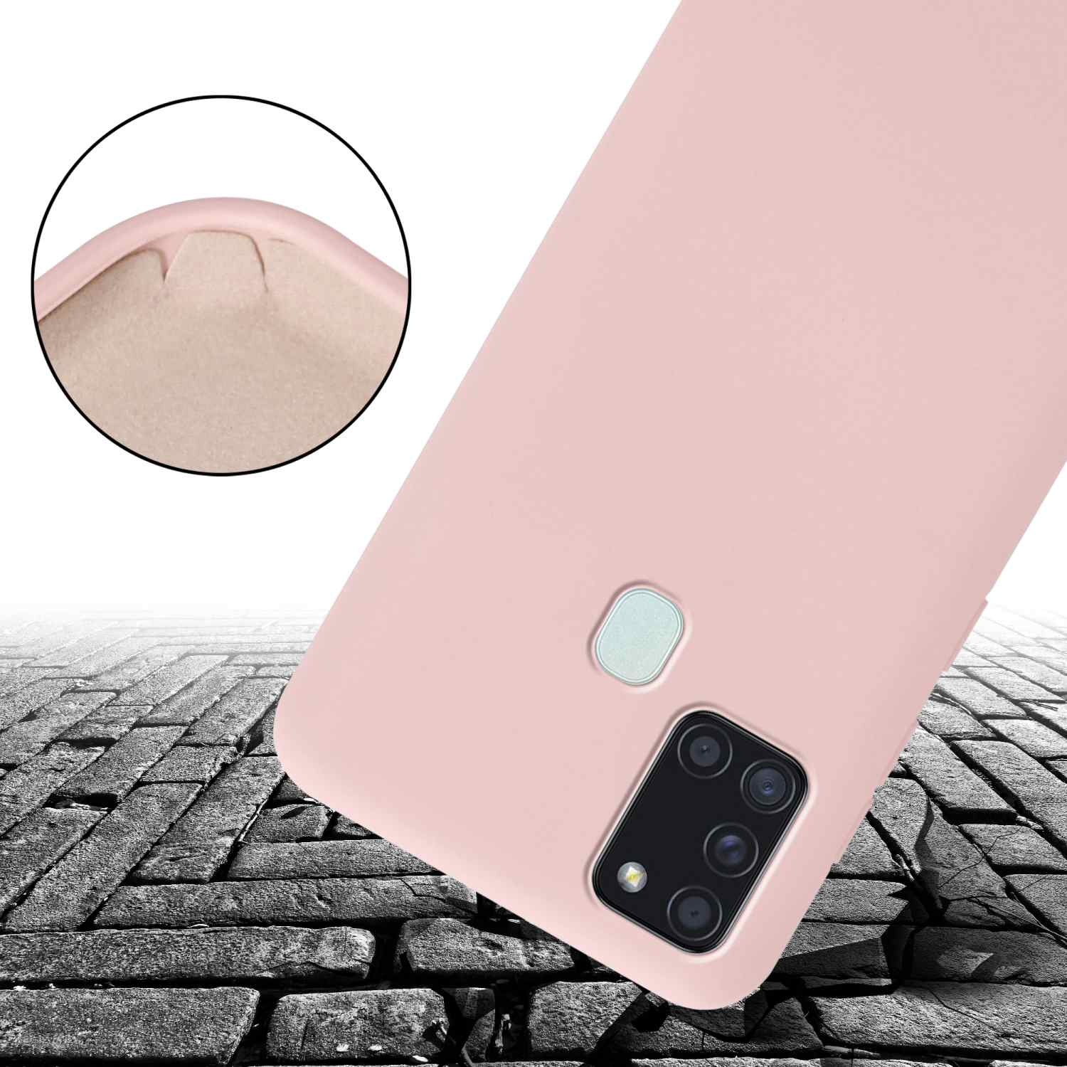 Una custodia rosa con un telefono su una superficie che sembra fatta di mattoni.