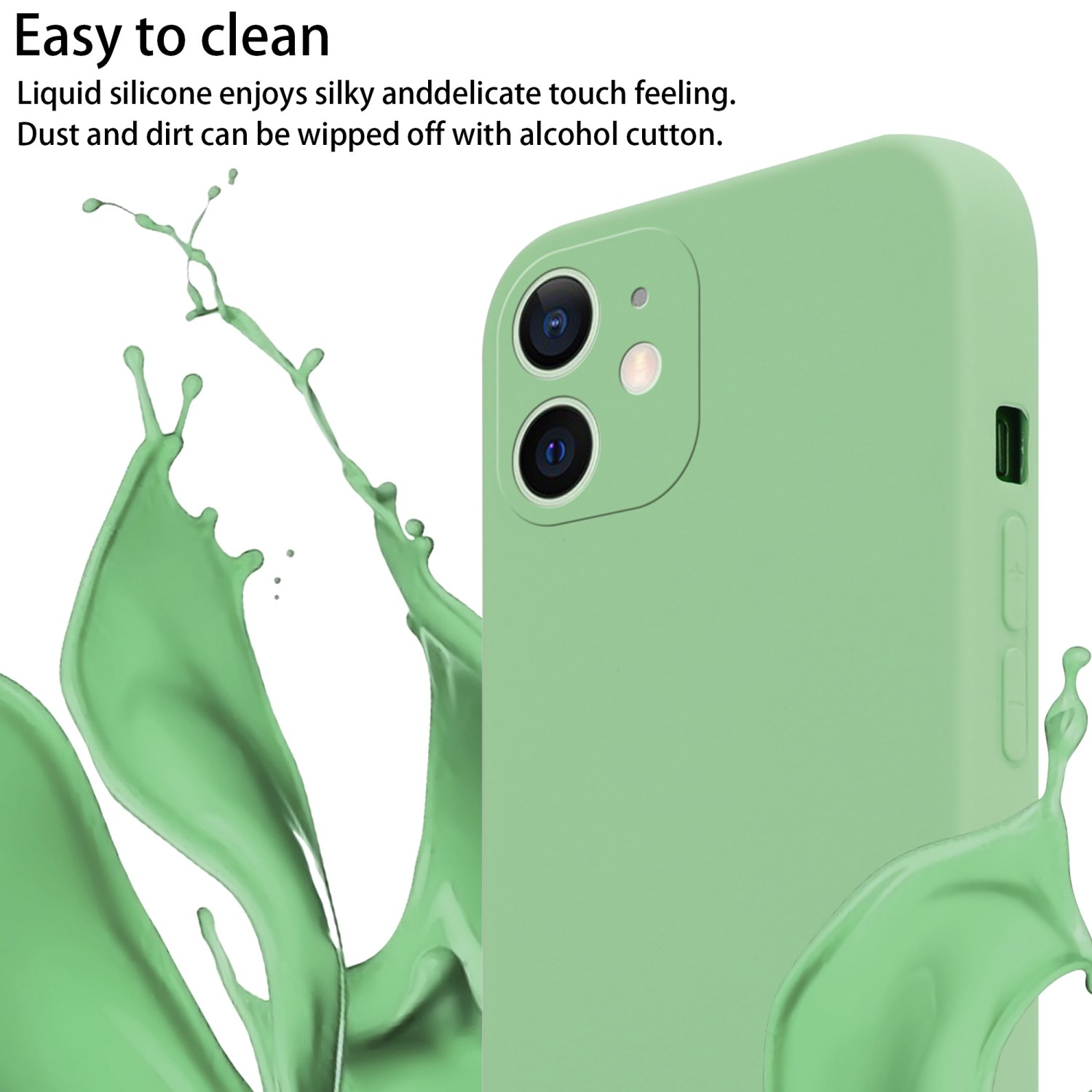 Custodia verde per iPhone con schizzo verde. Testo: Facile da pulire. Il silicone liquido ha un tocco setoso.
