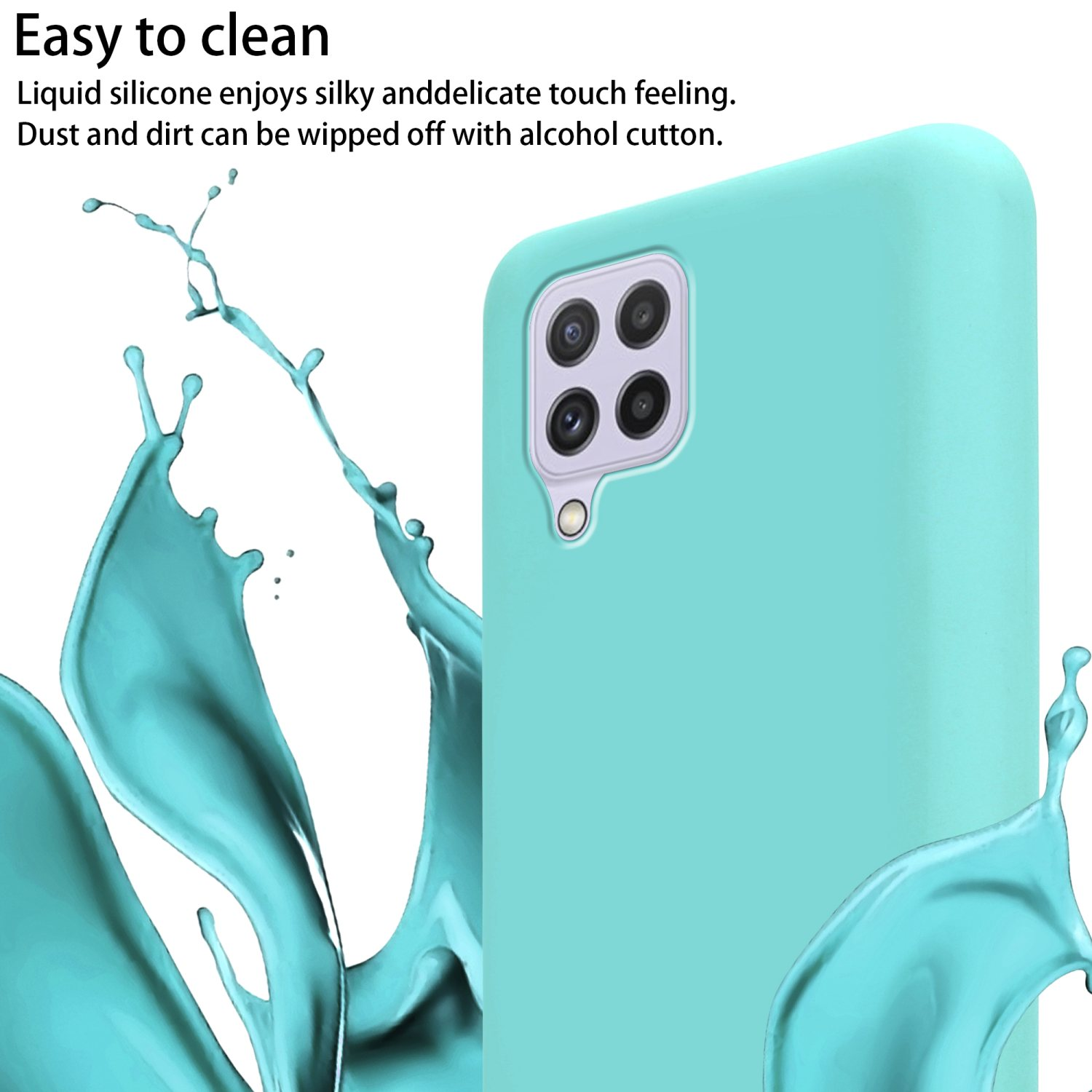Una custodia per telefono turchese con rilievo fotocamera. Schizzi d'acqua blu.
