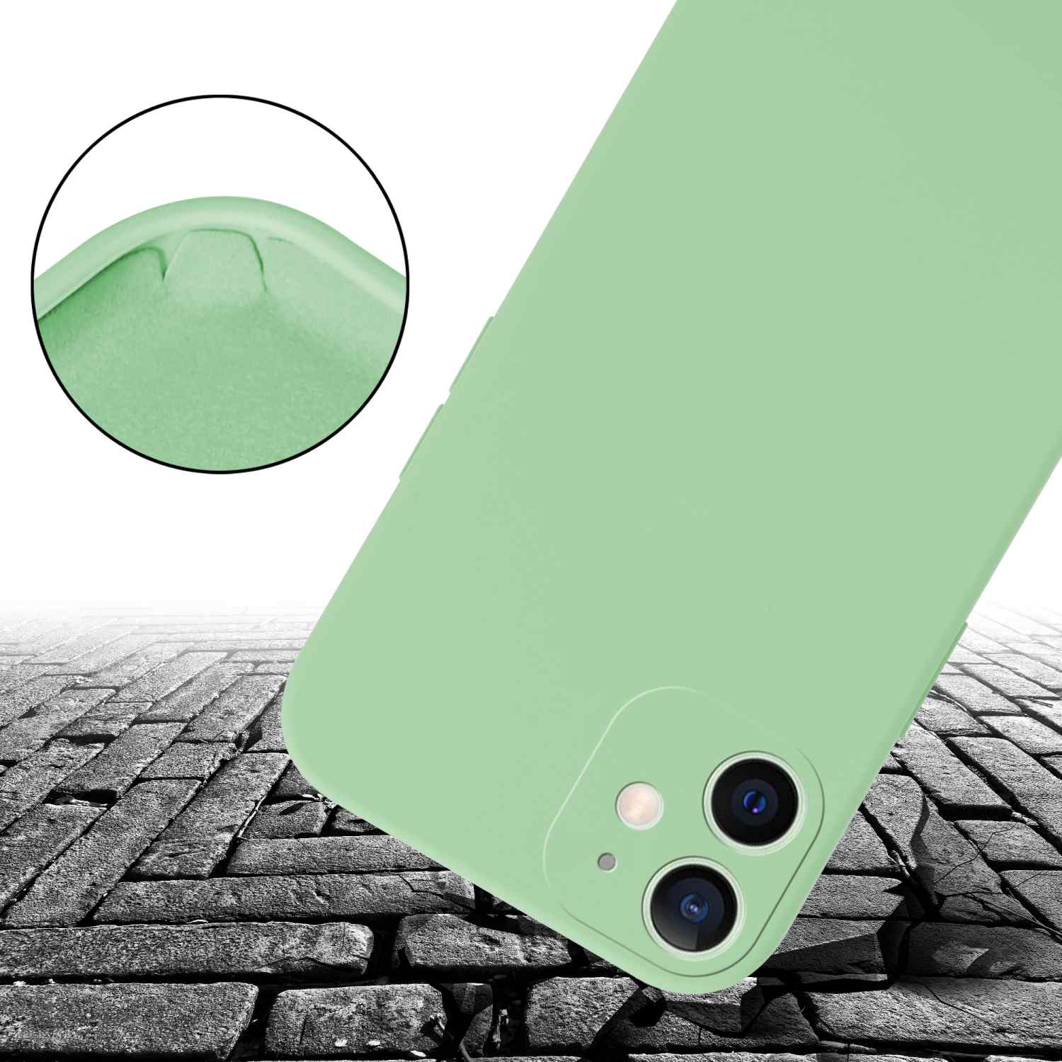Una custodia per telefono verde chiaro con un angolo arrotondato e l'accenno di un'ammaccatura.