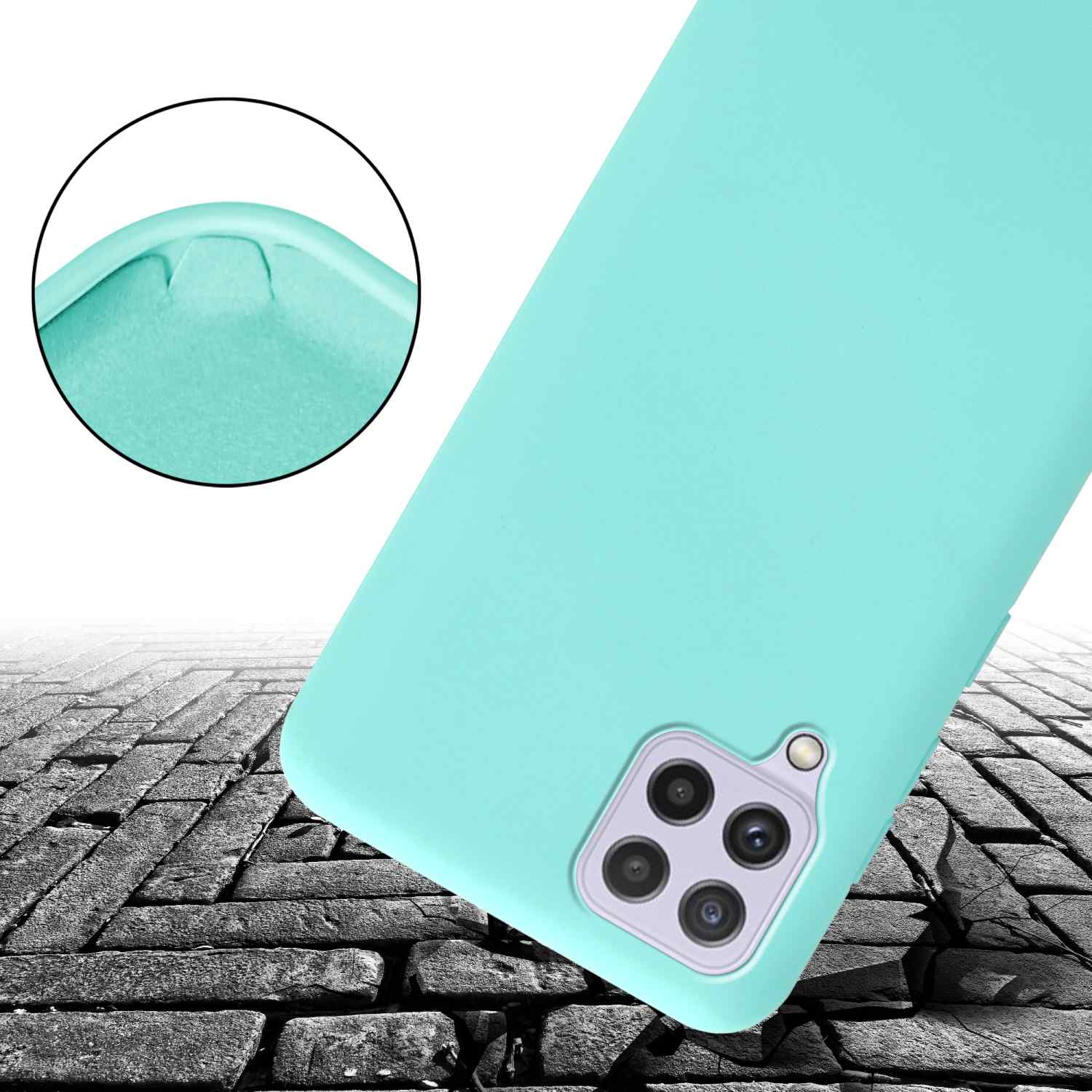 Custodia blu per telefono, con focus sull'angolo. La custodia è su una superficie simile a mattoni.