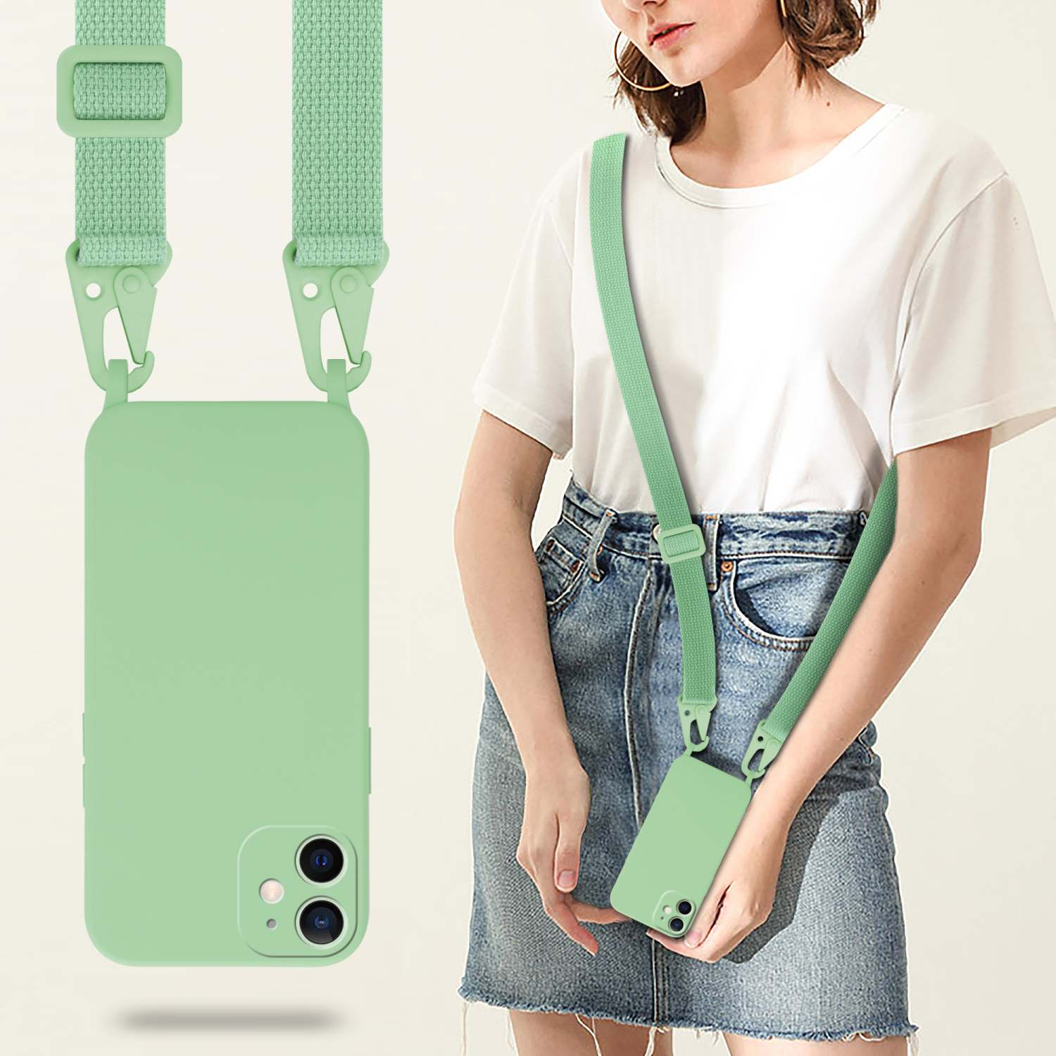 Donna con custodia per telefono verde chiaro, che la indossa come collana. Custodia e cinturino sono dello stesso colore.
