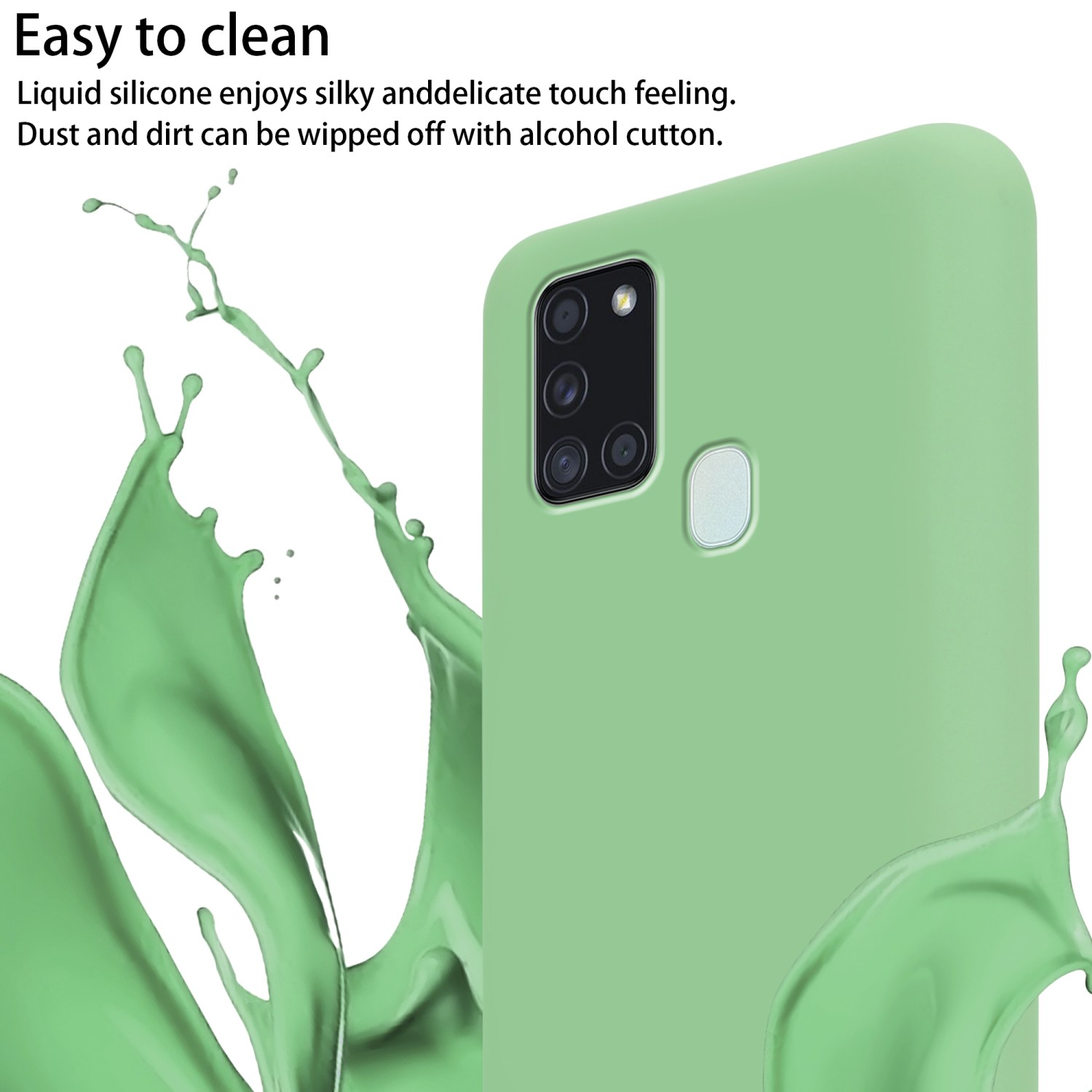 Custodia verde per telefono con spruzzi di liquido verde, telefono e primo piano del retro.