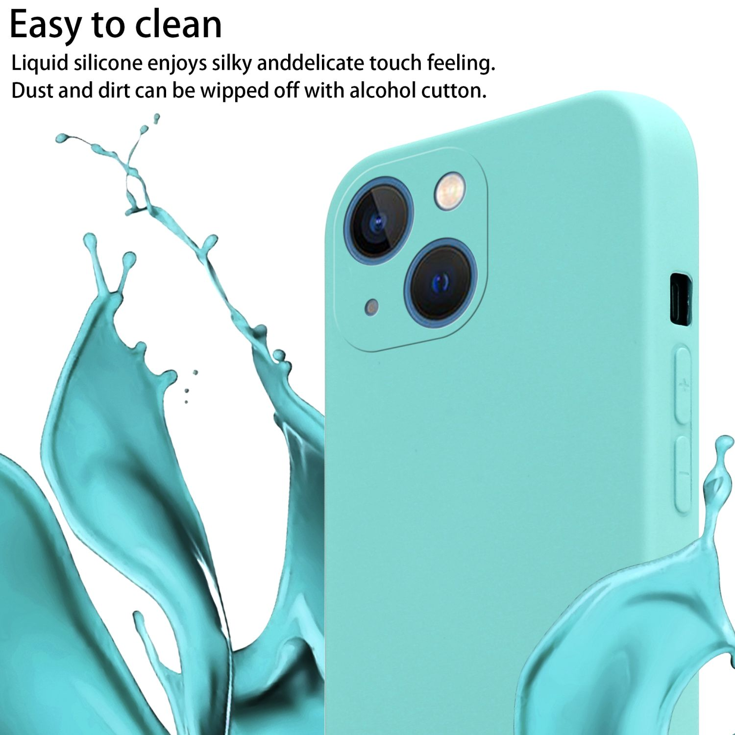Eine hellblaue Handyhülle mit einem Telefon darin, mit Wasserspritzern darum herum.