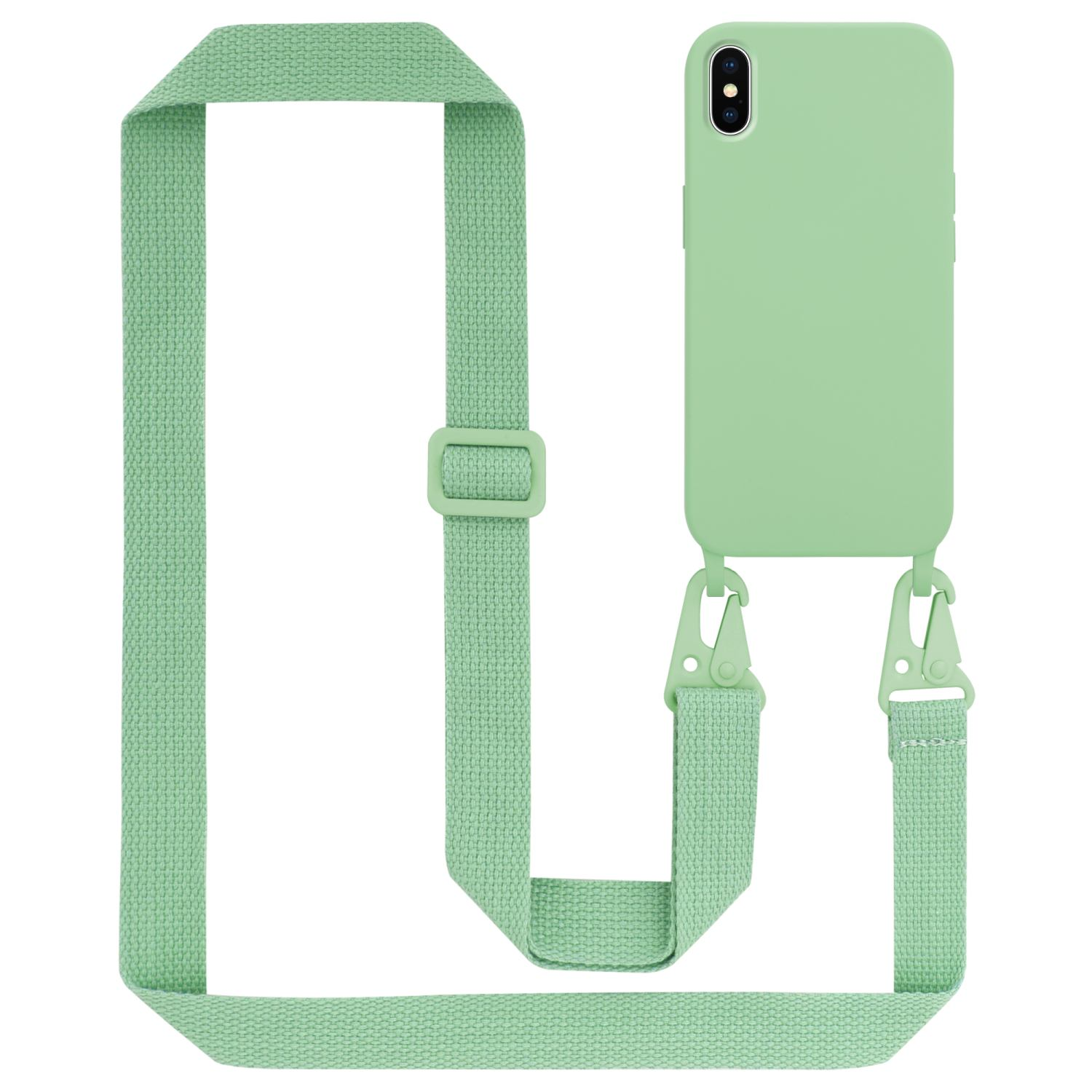 Custodia verde per telefono con cinturino. Colore verde chiaro. Sfondo bianco. Telefono visibile.