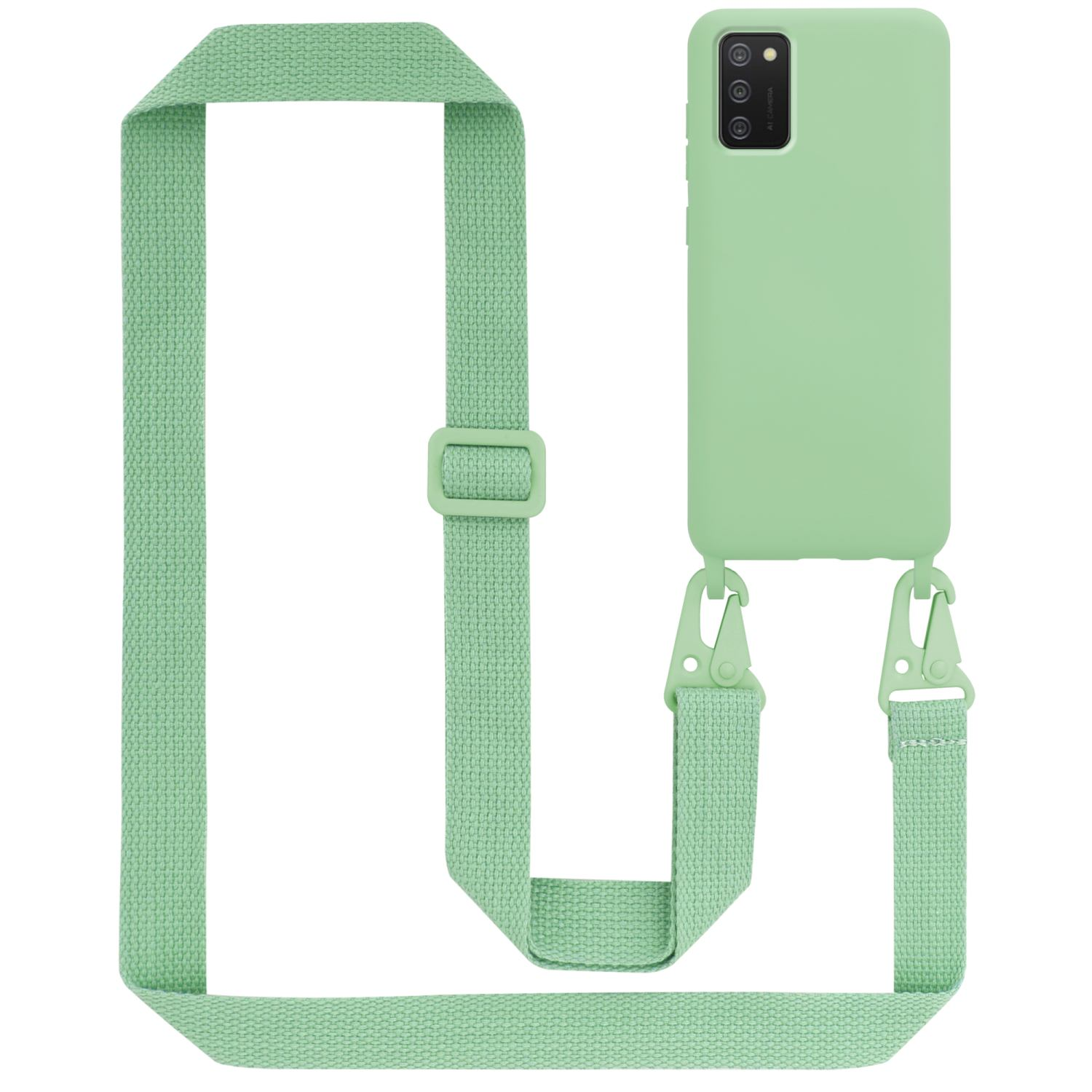 Eine mintgrüne Handyhülle mit Trageriemen, mit einem Telefon mit mehreren Kameras auf der Rückseite.
