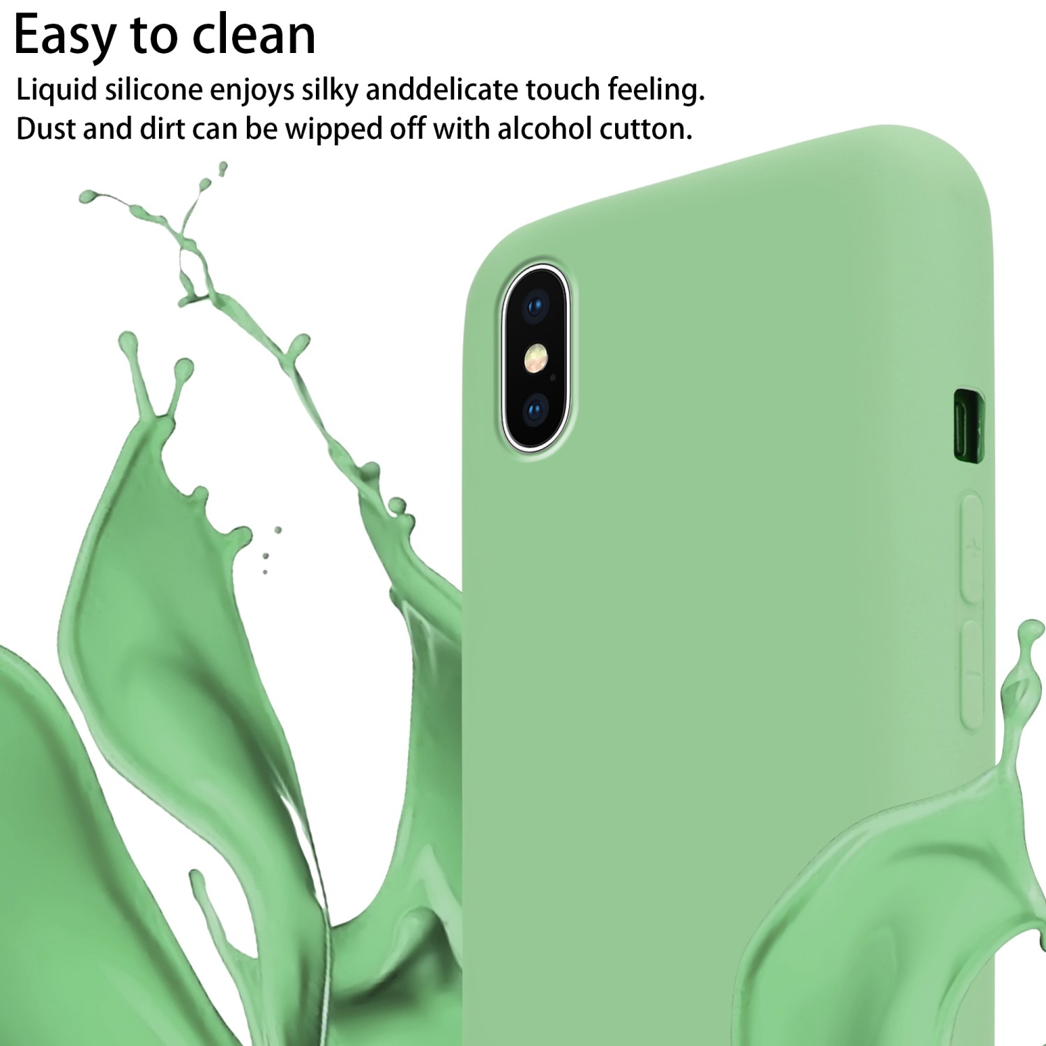 Custodia verde, schizzi di liquido, testo su silicone e facile pulizia.