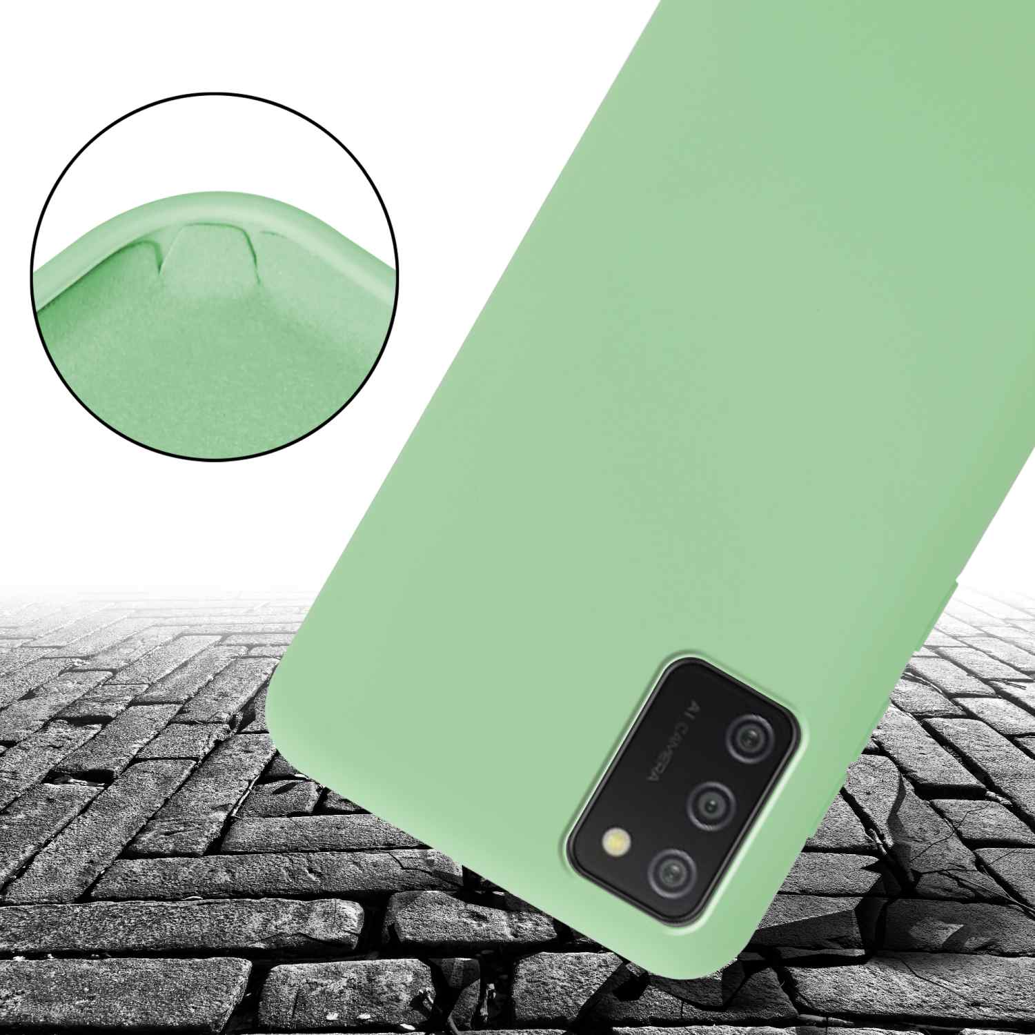 Grüne Handyhülle auf Ziegeloberfläche, zeigt Kamera und Telefonkante.