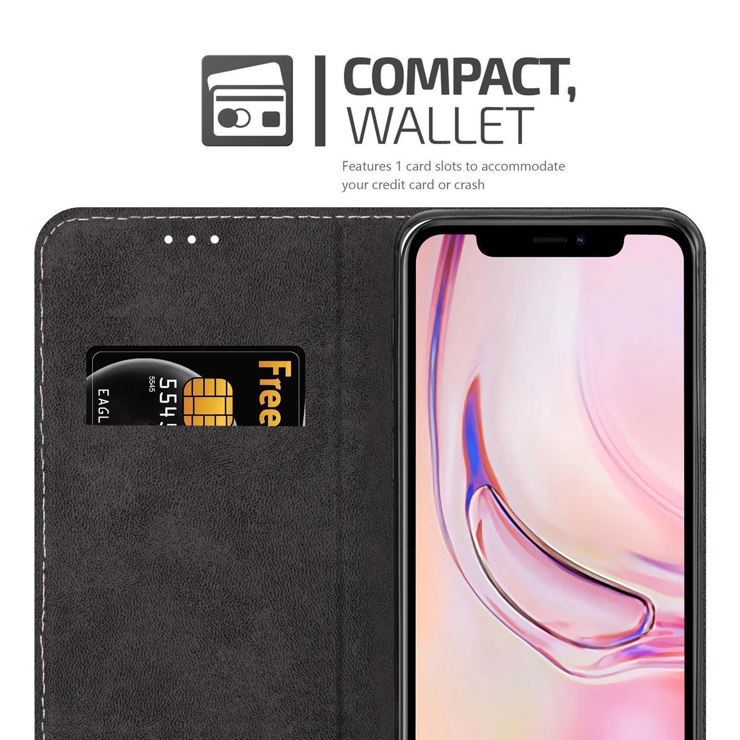 Schwarze Handyhülle mit Wallet-Design. Zeigt einen Kreditkartensteckplatz und ein Telefon.