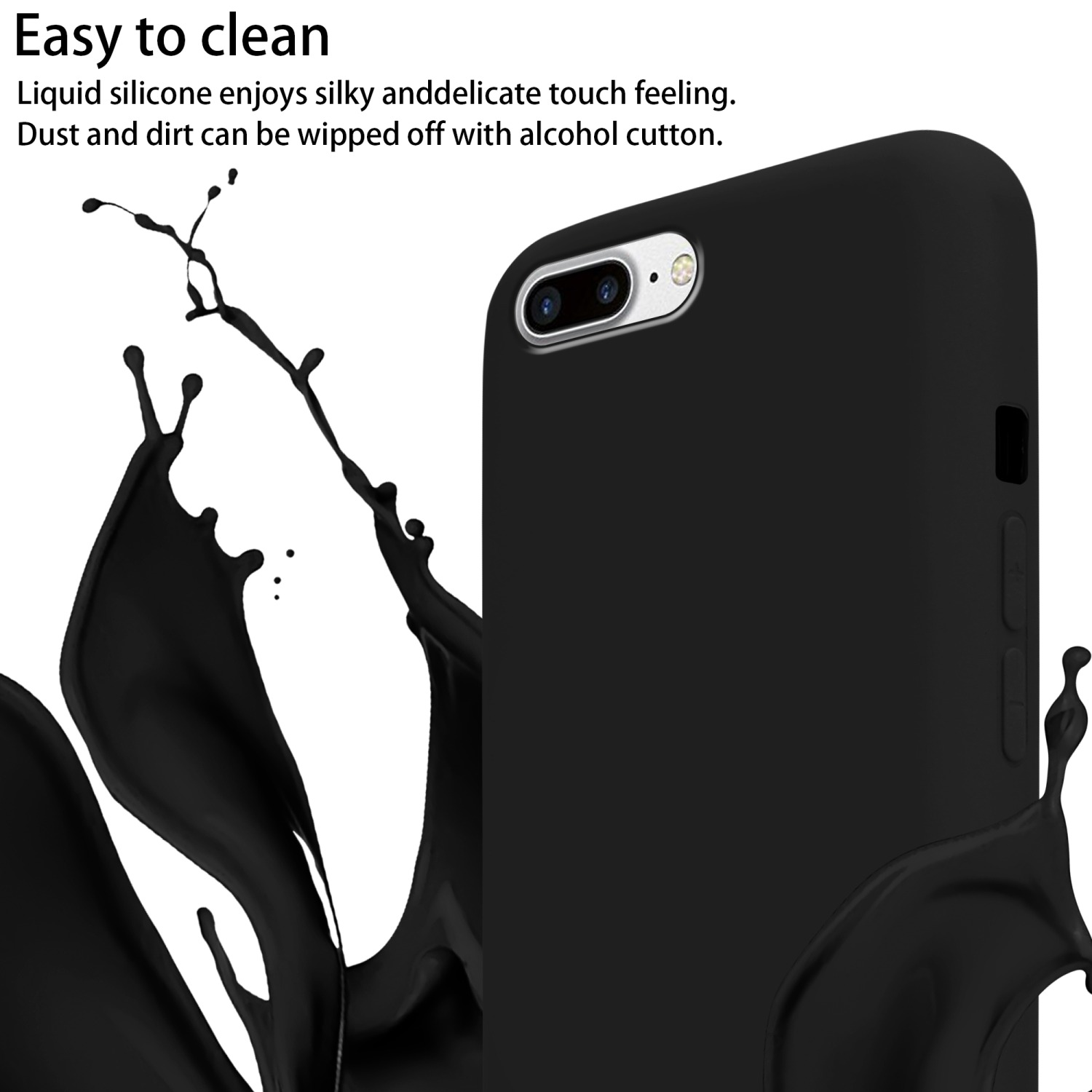 Una custodia per telefono nera con schizzi di liquido. La custodia è a destra e ha una fotocamera.