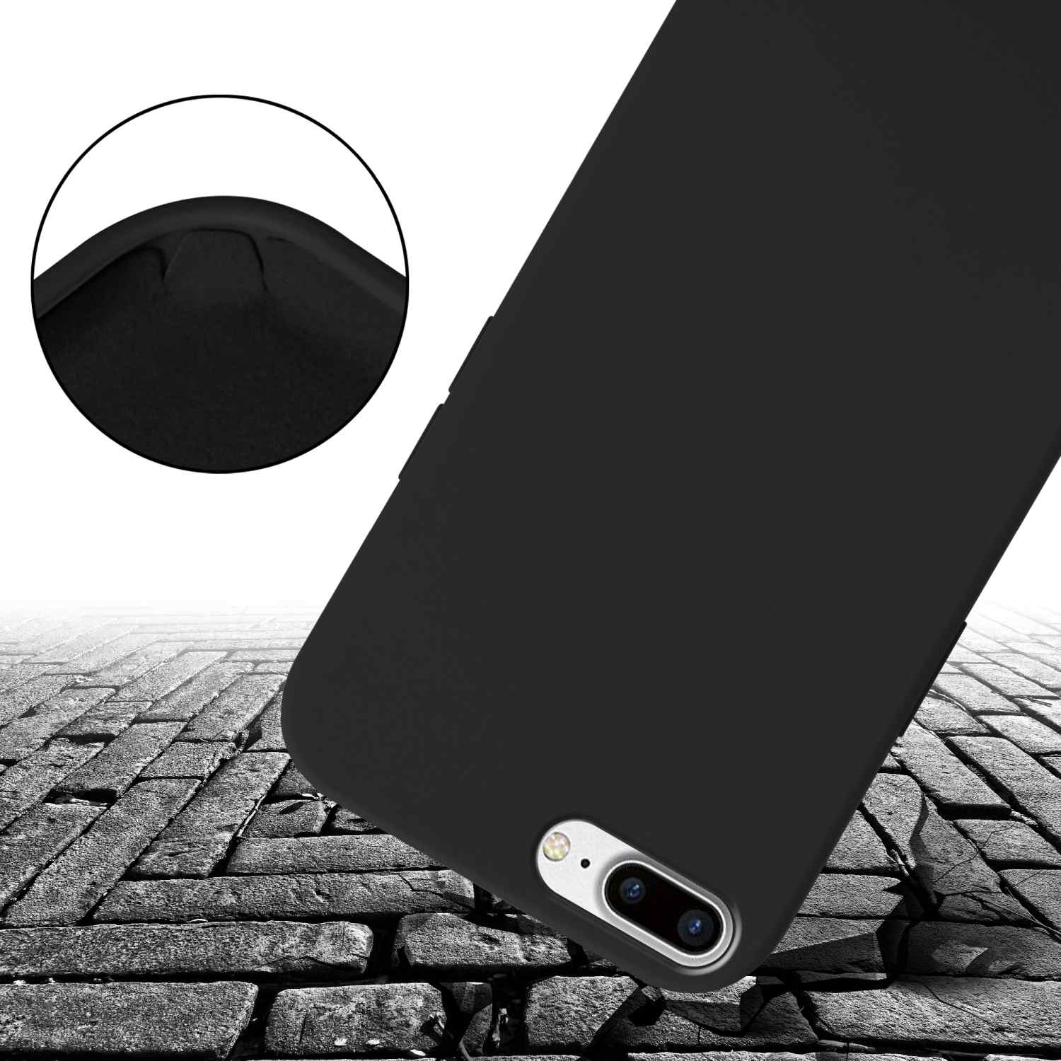 Custodia nera per telefono su una superficie di mattoni crepati. Mostra una doppia fotocamera e un angolo.