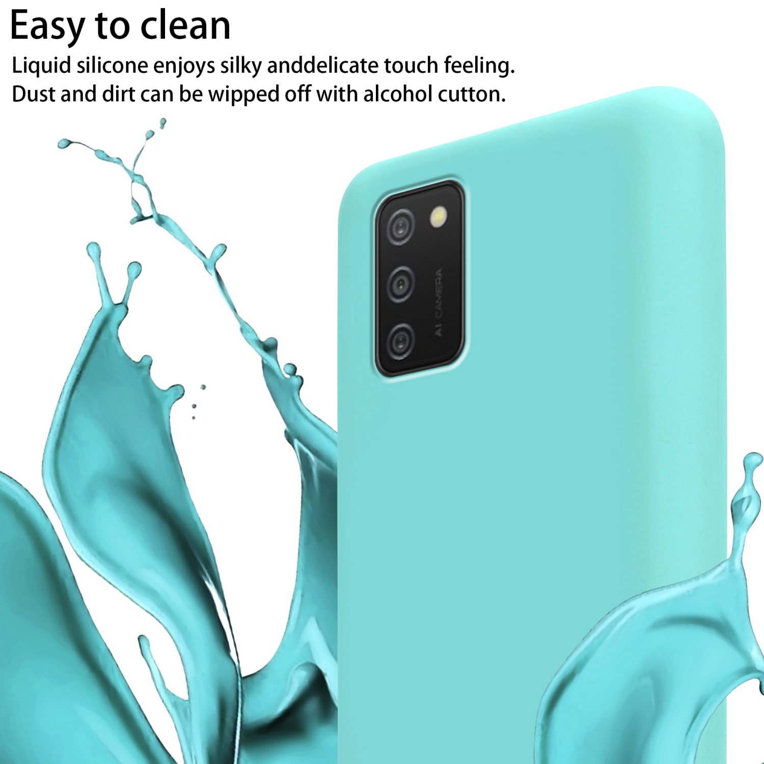 Türkisfarbene Handyhülle mit Kamera und Wasserspritzern. Weißer Hintergrund.