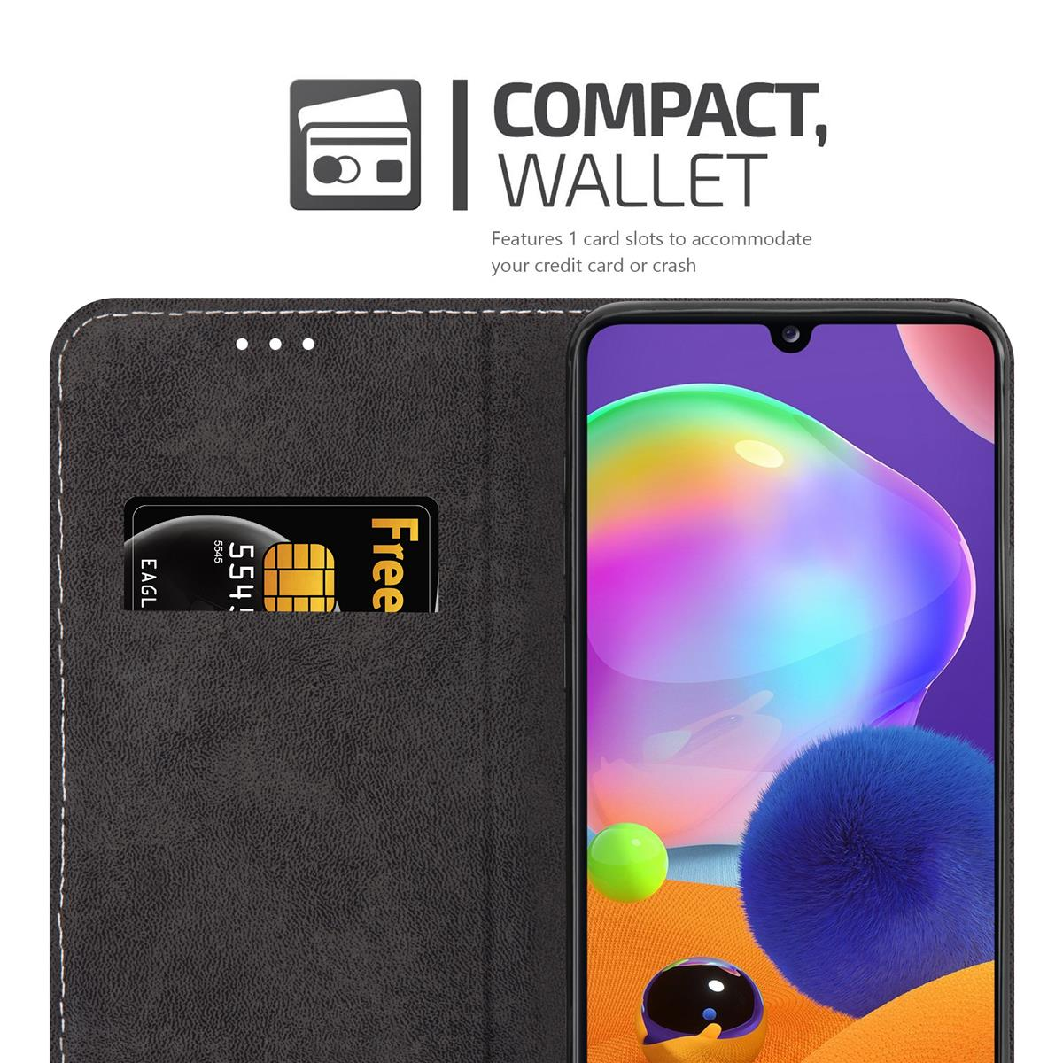 Eine schwarze Handyhülle mit Kartenfach und ein Telefon mit Kreditkarte.