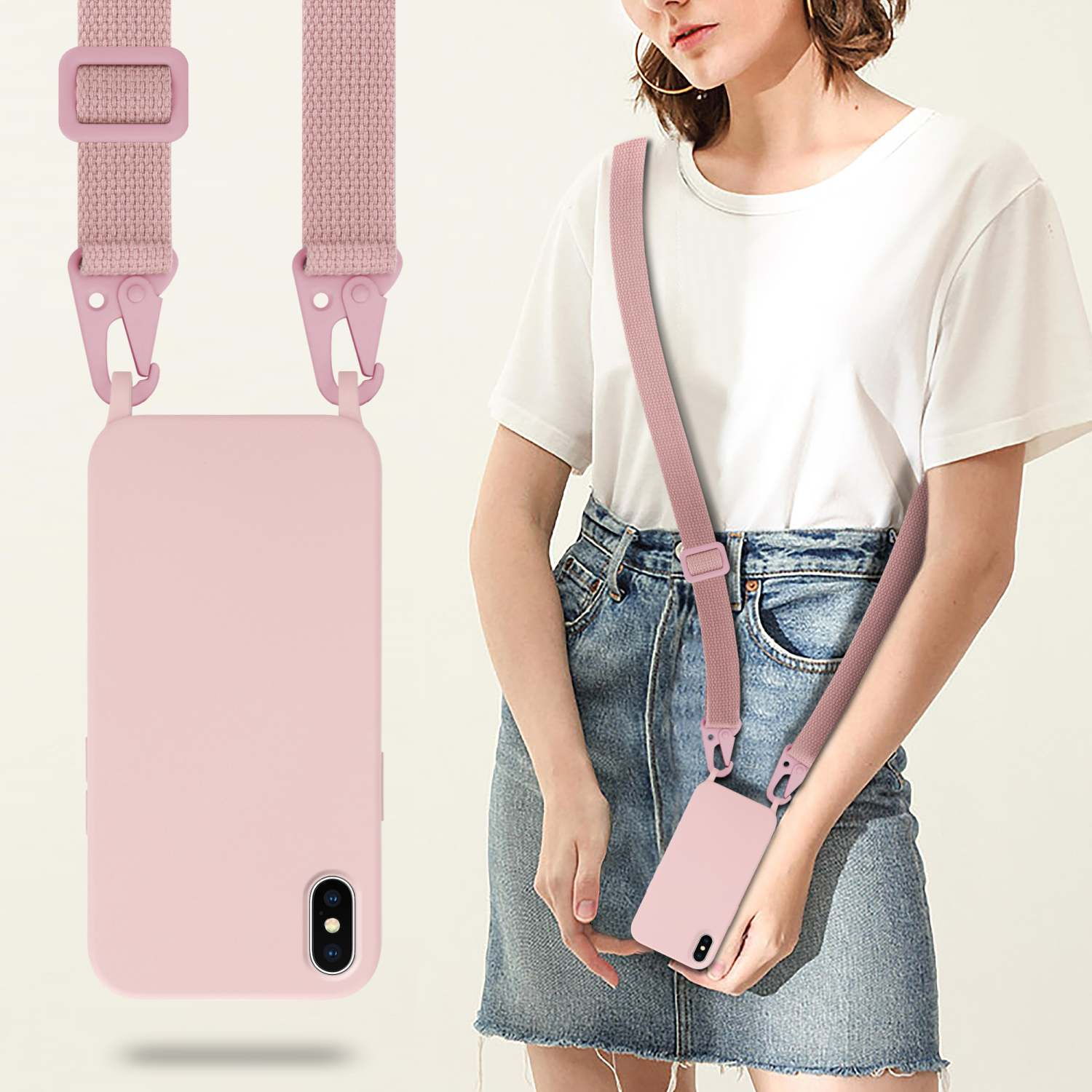 Una donna che indossa una custodia rosa per telefono al collo e tiene in mano un telefono.