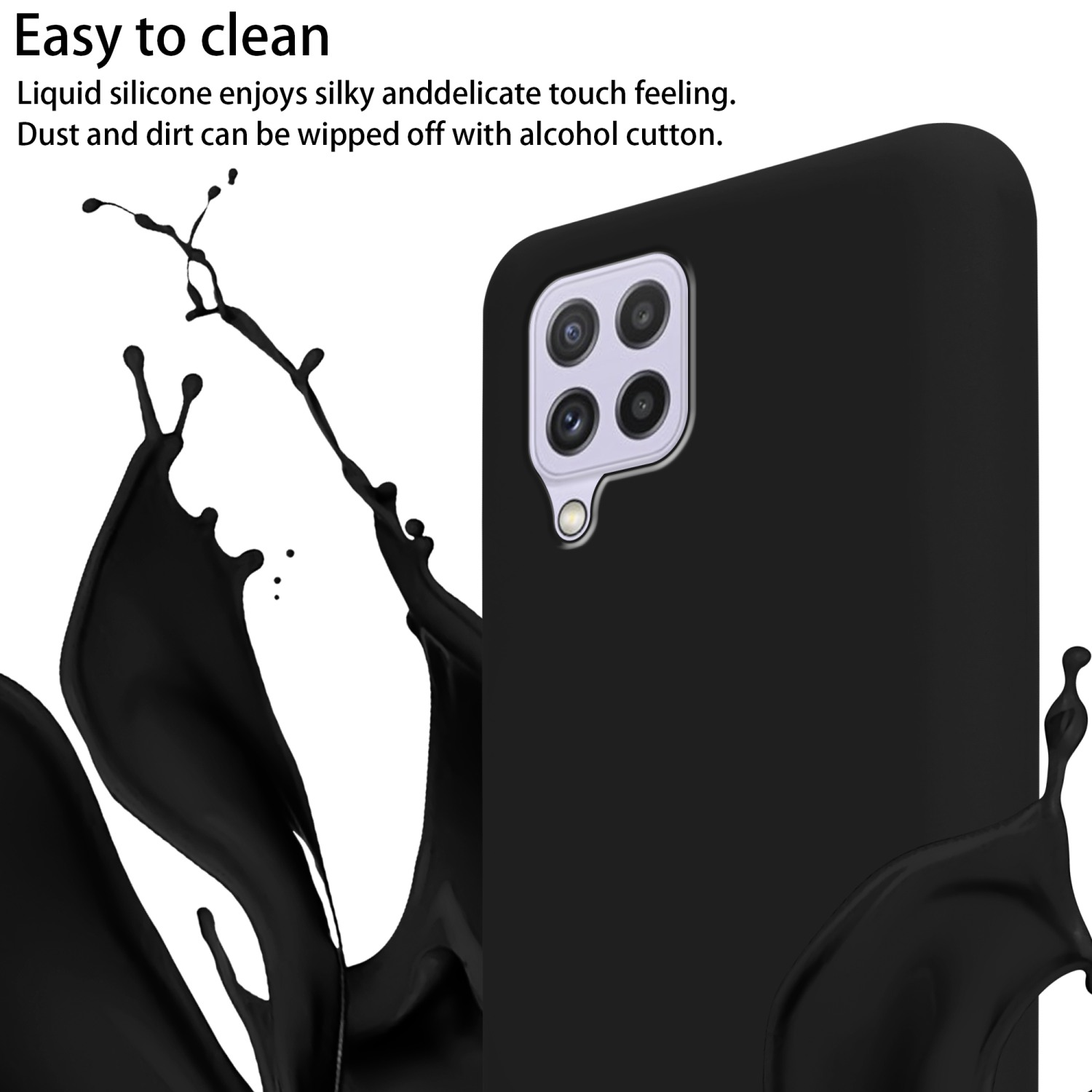 Custodia nera per telefono con effetto splash d'acqua. Testo: Facile da pulire. Il telefono ha un modulo fotocamera argentato.