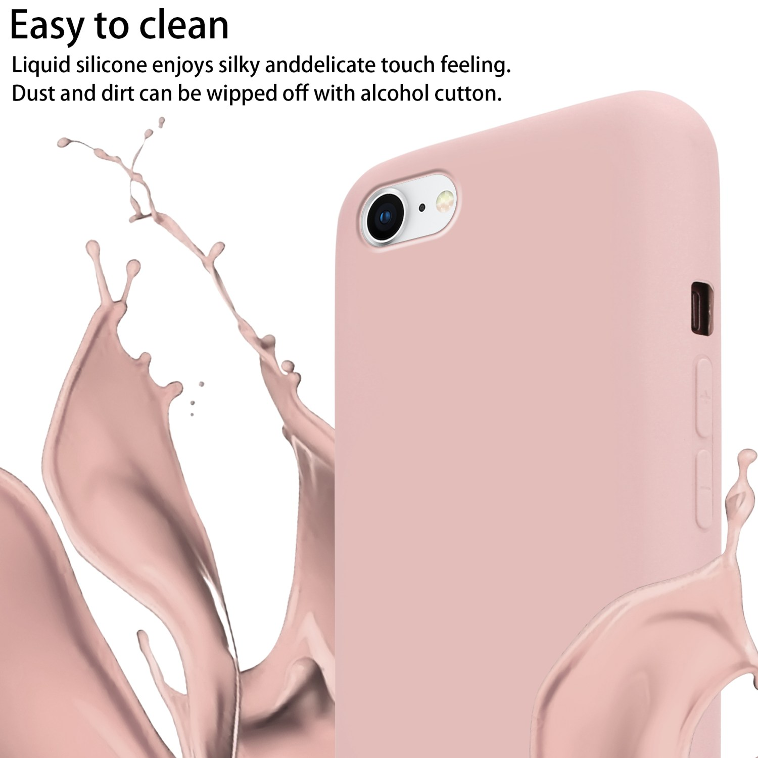 Custodia per telefono rosa con uno schizzo di liquido rosa, che mostra la sua facilità di pulizia.