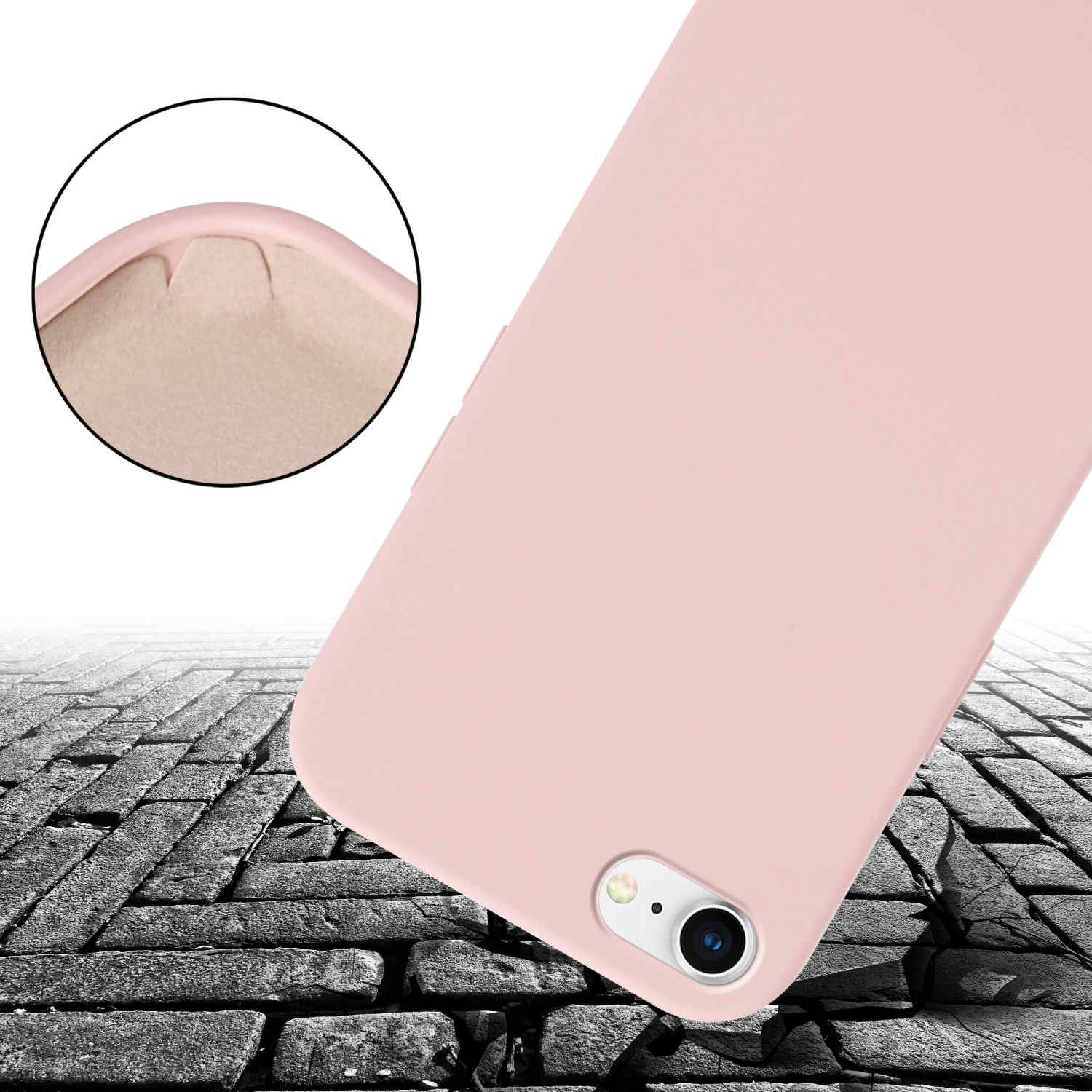 Custodia per telefono rosa con un telefono. La custodia mostra il dettaglio dell'angolo in alto.