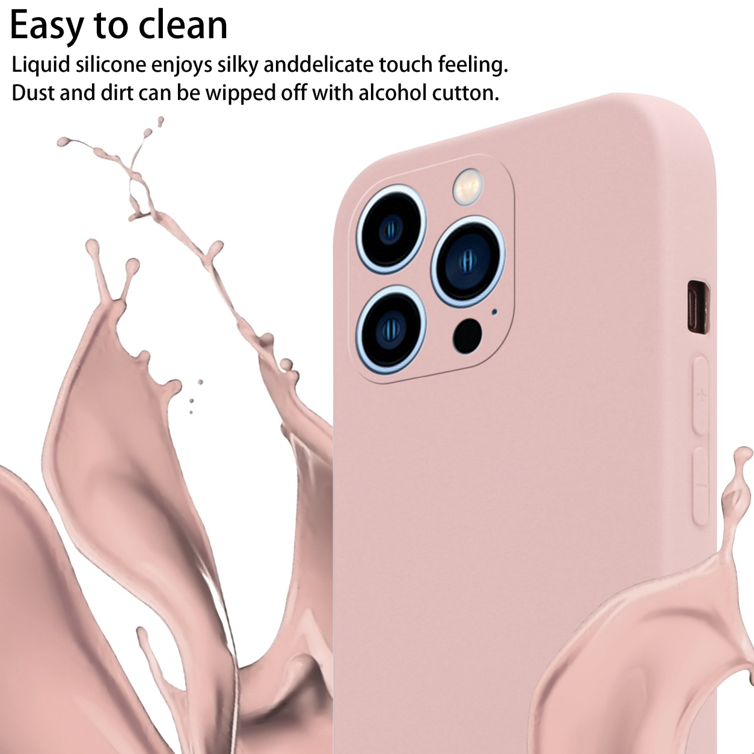 Una custodia rosa con uno spruzzo di liquido rosa. Un telefono con tre fotocamere è a destra dell'immagine.