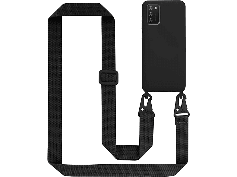 CADORABO Handy Kette Silikon Kordel mit längen Band, Schutzhülle SCHWARZ Backcover, verstellbaren A02s, Samsung, Galaxy LIQUID