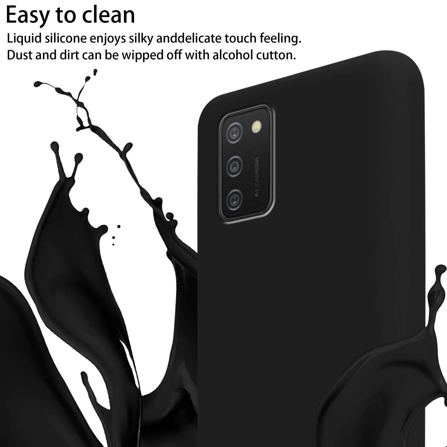 Eine schwarze Handyhülle mit einem Spritzer schwarzer Flüssigkeit.