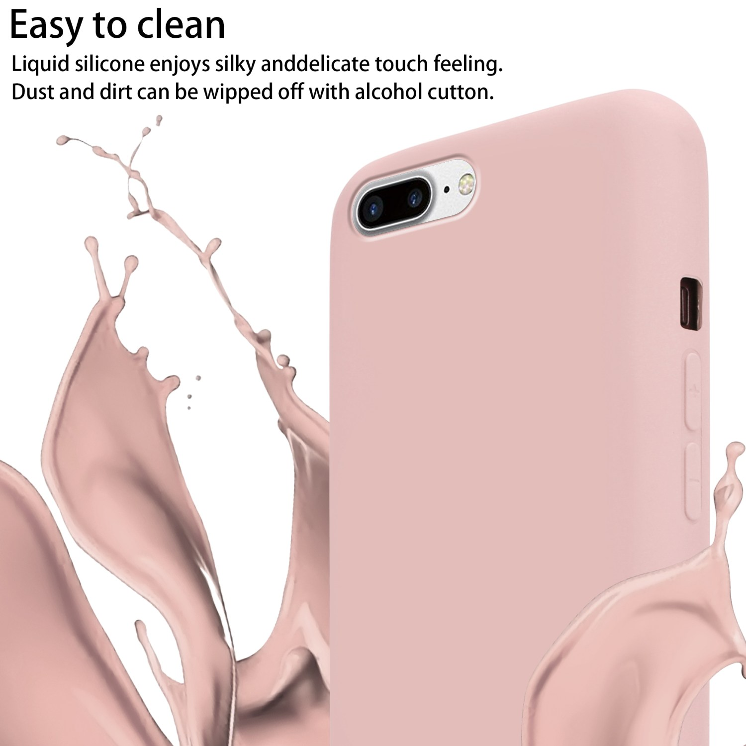 Una custodia per telefono rosa su sfondo bianco con schizzi d'acqua.